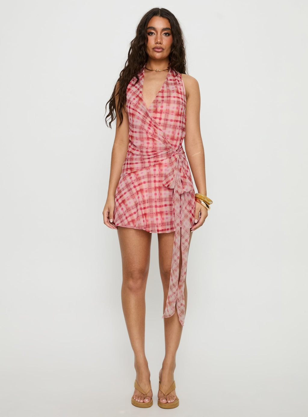 Brissa Halter Wrap Mini Dress Brown Orange Multi