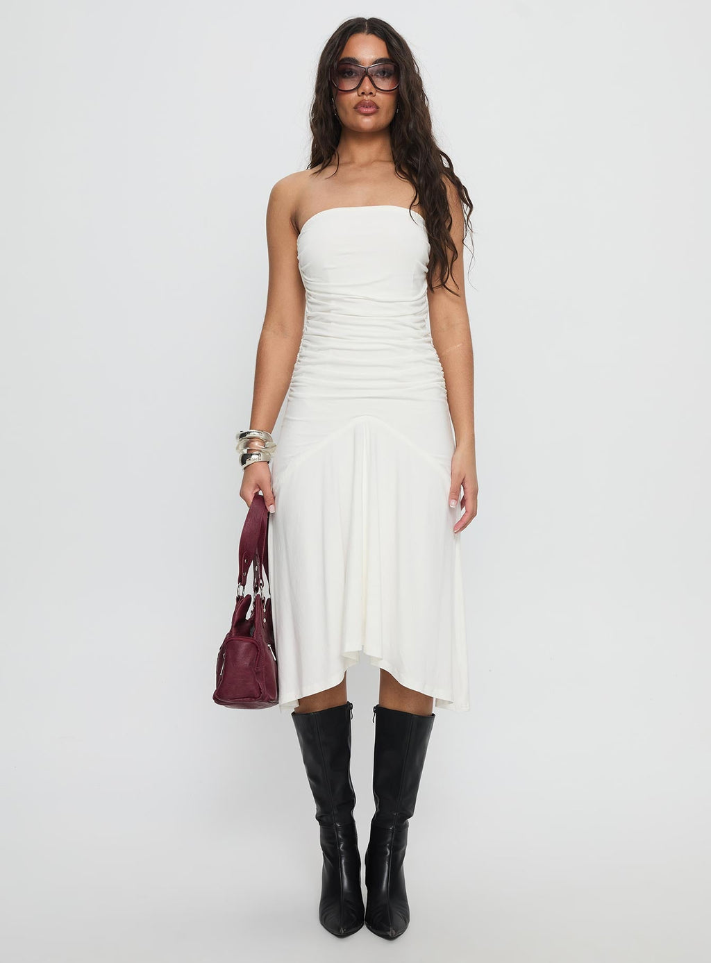Rienna Strapless Asymmetrical Midi Dress White