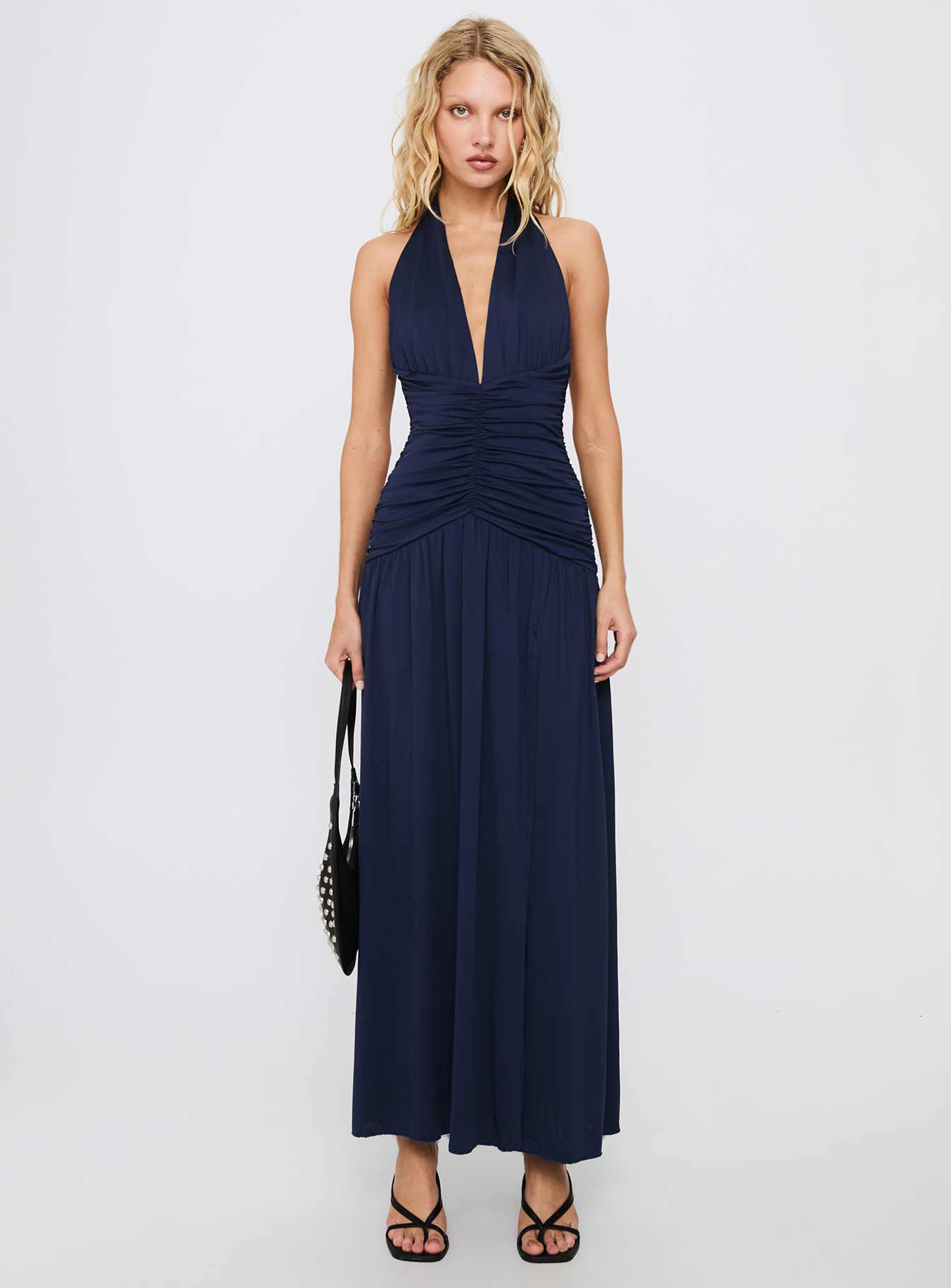 Diona Halter Ruched Maxi Dress Navy