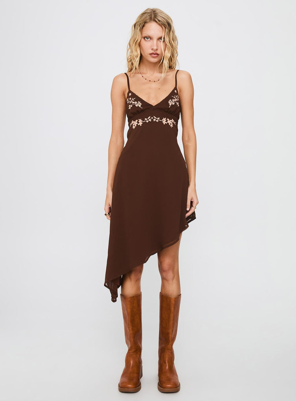 Secret Gardens Asymmetrical Midi Dress Brown