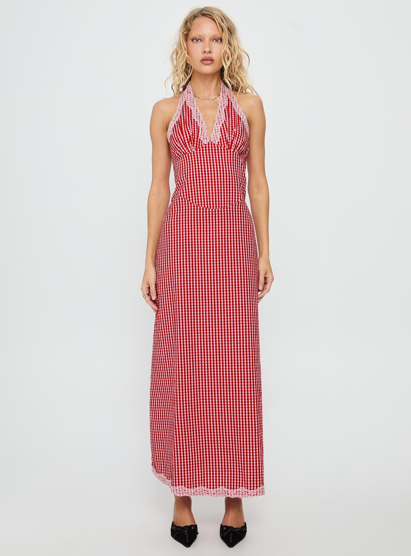 Betsie Halter Lace Maxi Dress Red Gingham