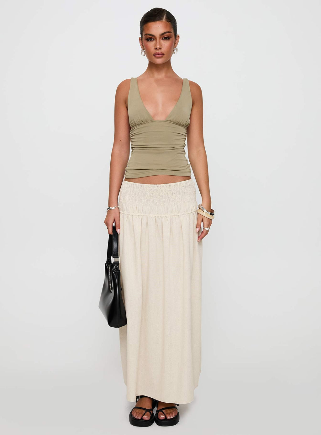 Small Towns Shirred Midi Skirt Beige