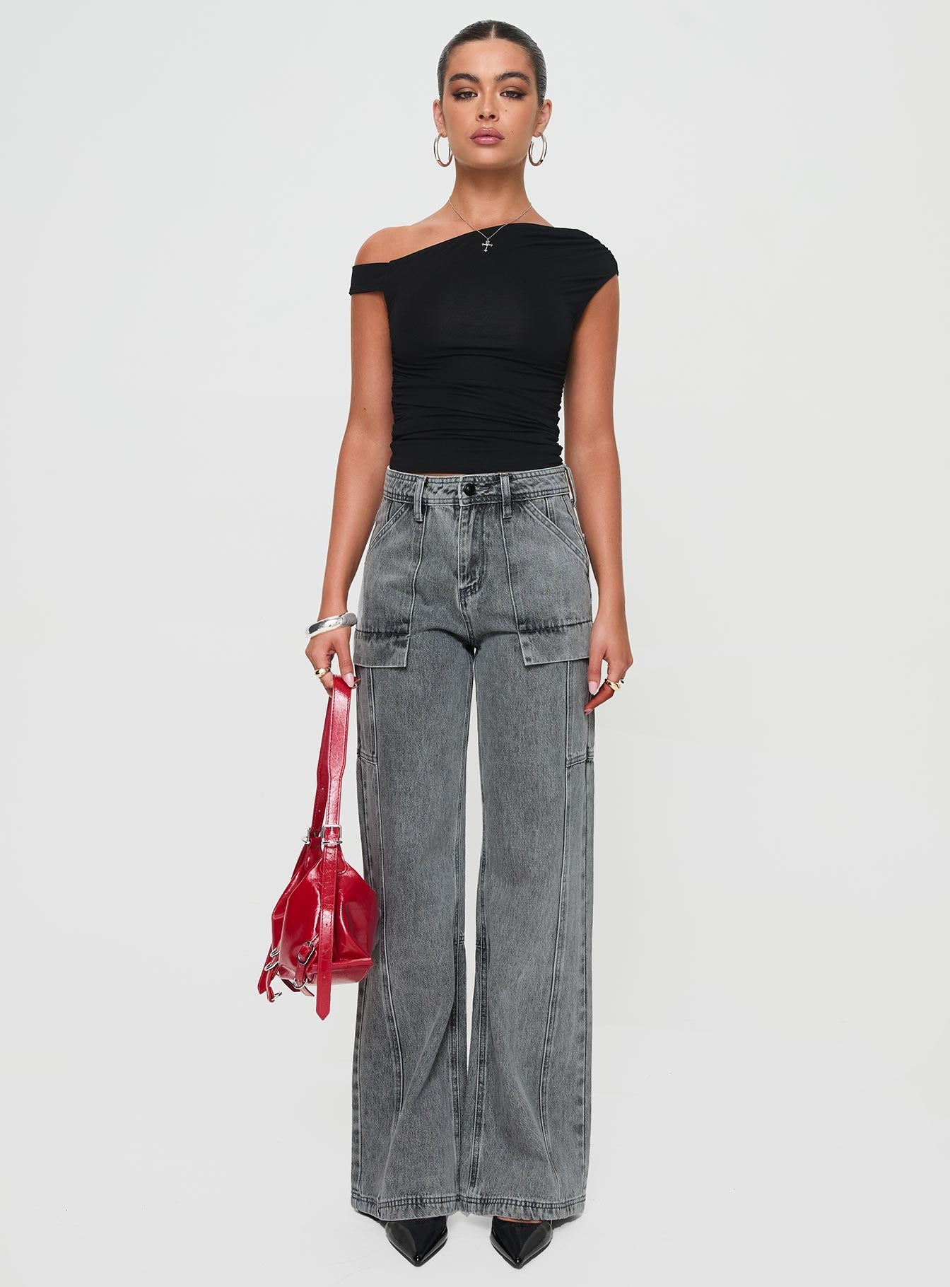 Chad High Rise Flared Cargo Jeans Washed Grey