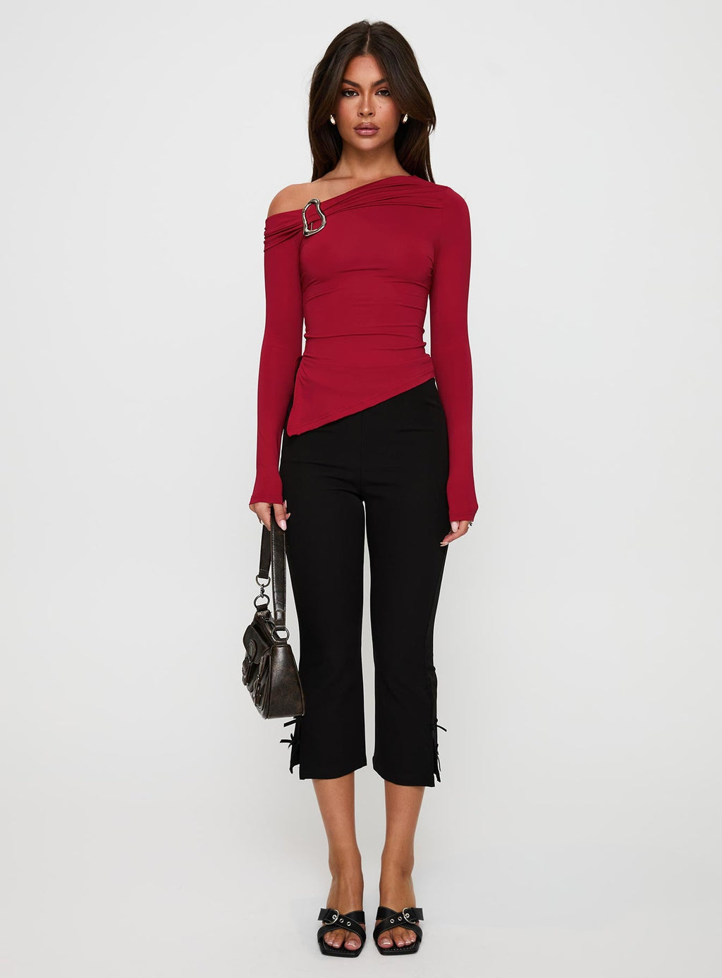 Donalla Off The Shoulder Hardware Detail Top Red
