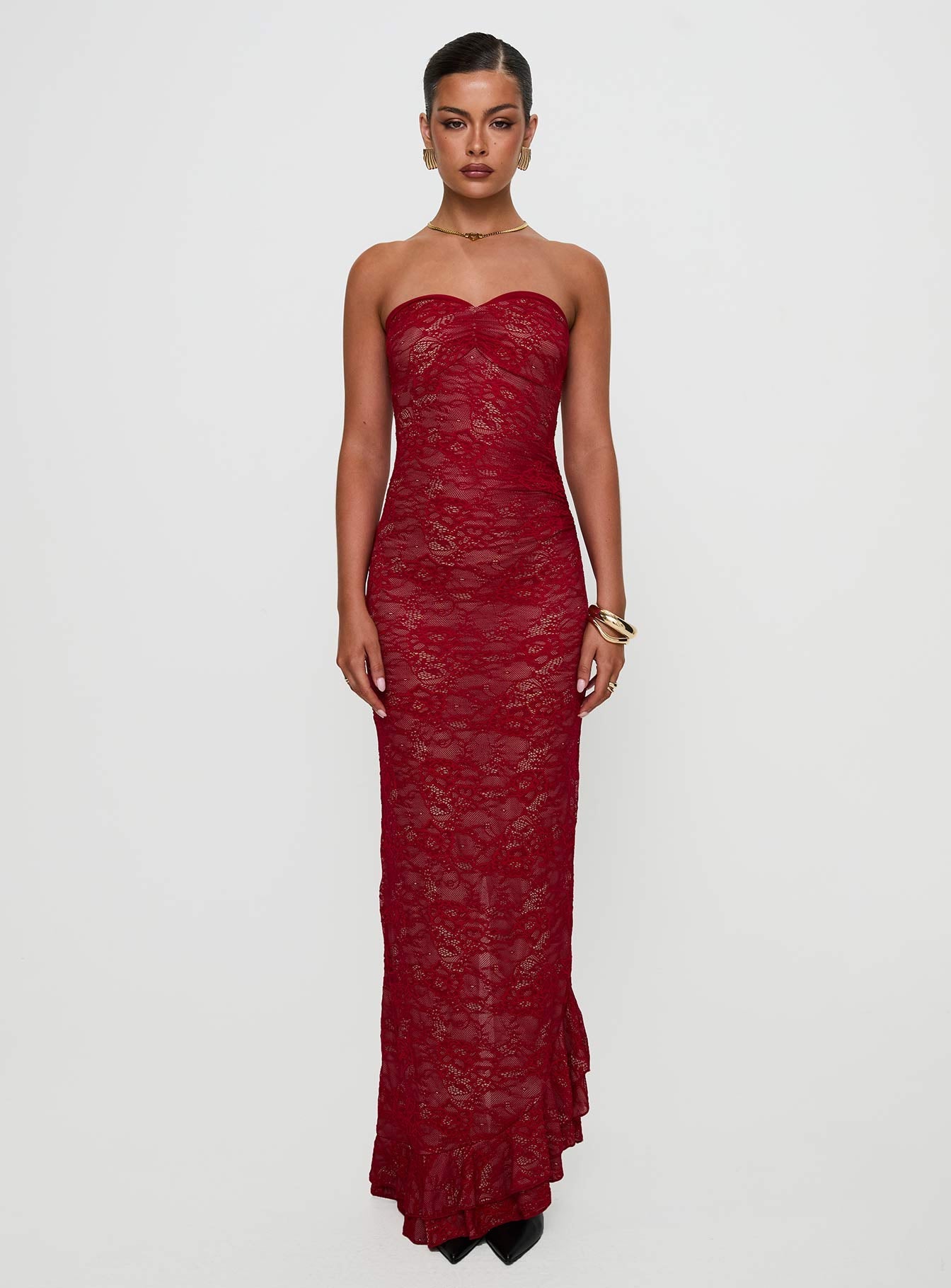 Hailees Lace Strapless Maxi Dress Red