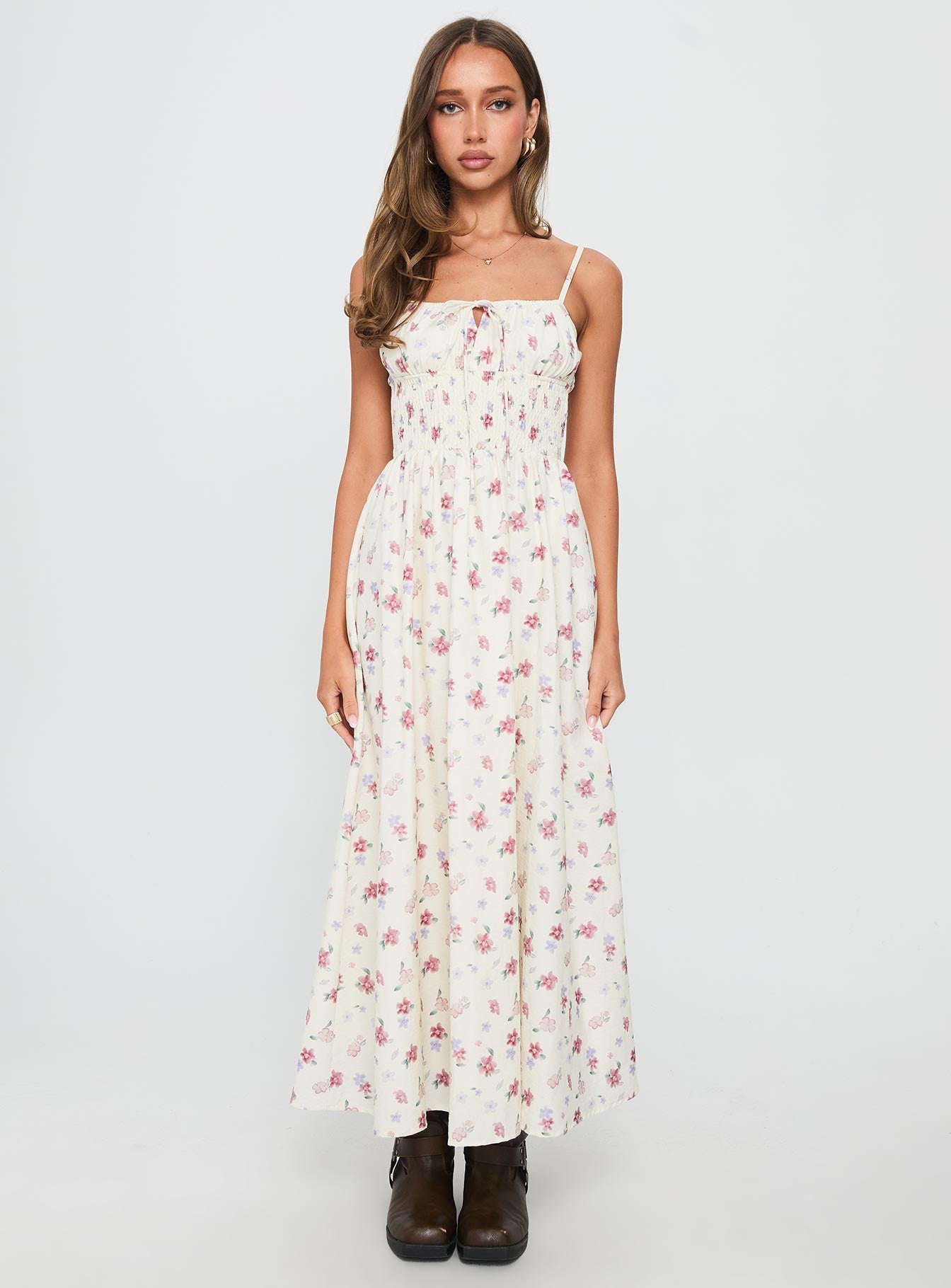 Pearle Shirred Maxi Dress White Floral