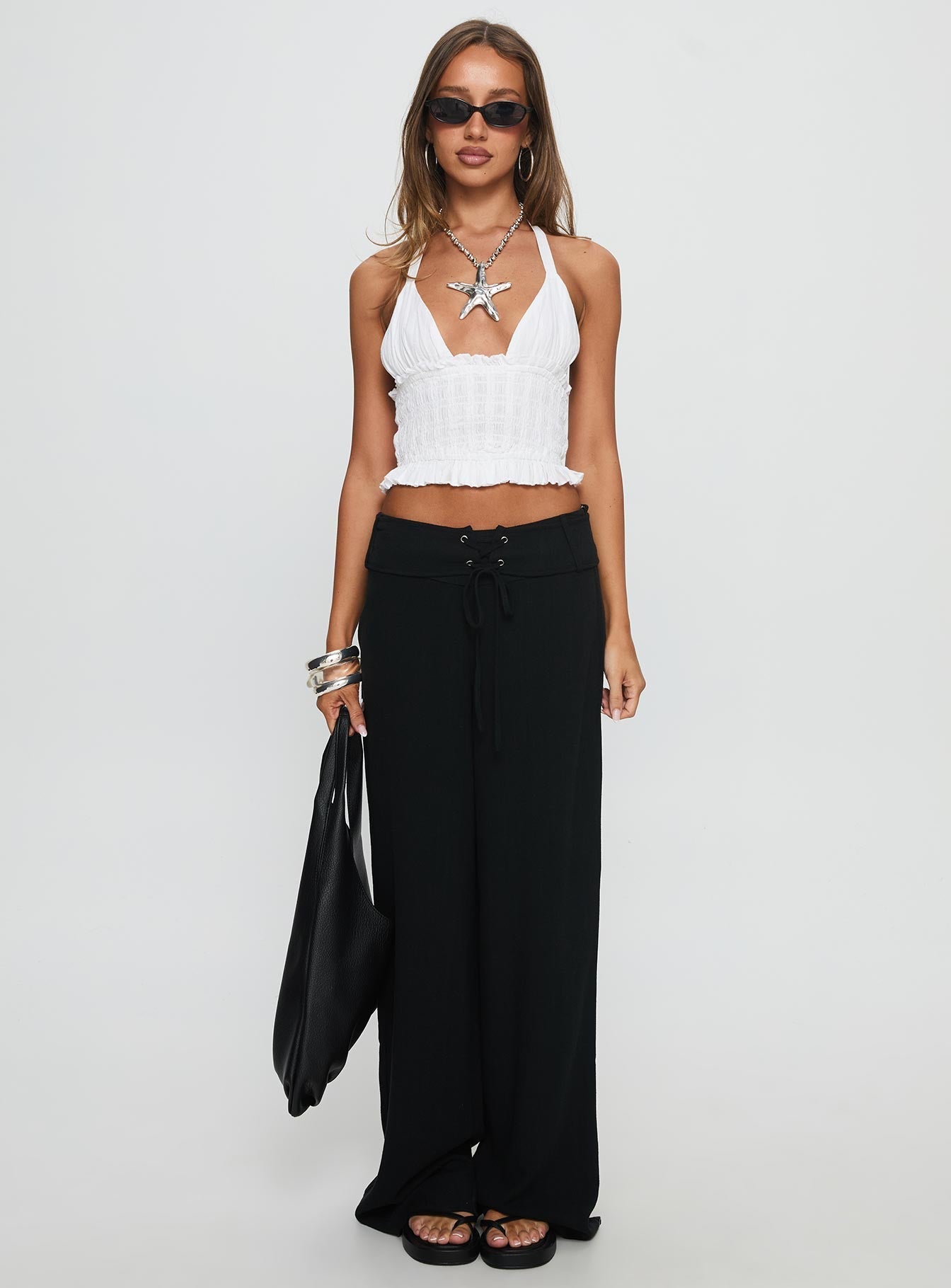 Essences Shirred Peplum Top White