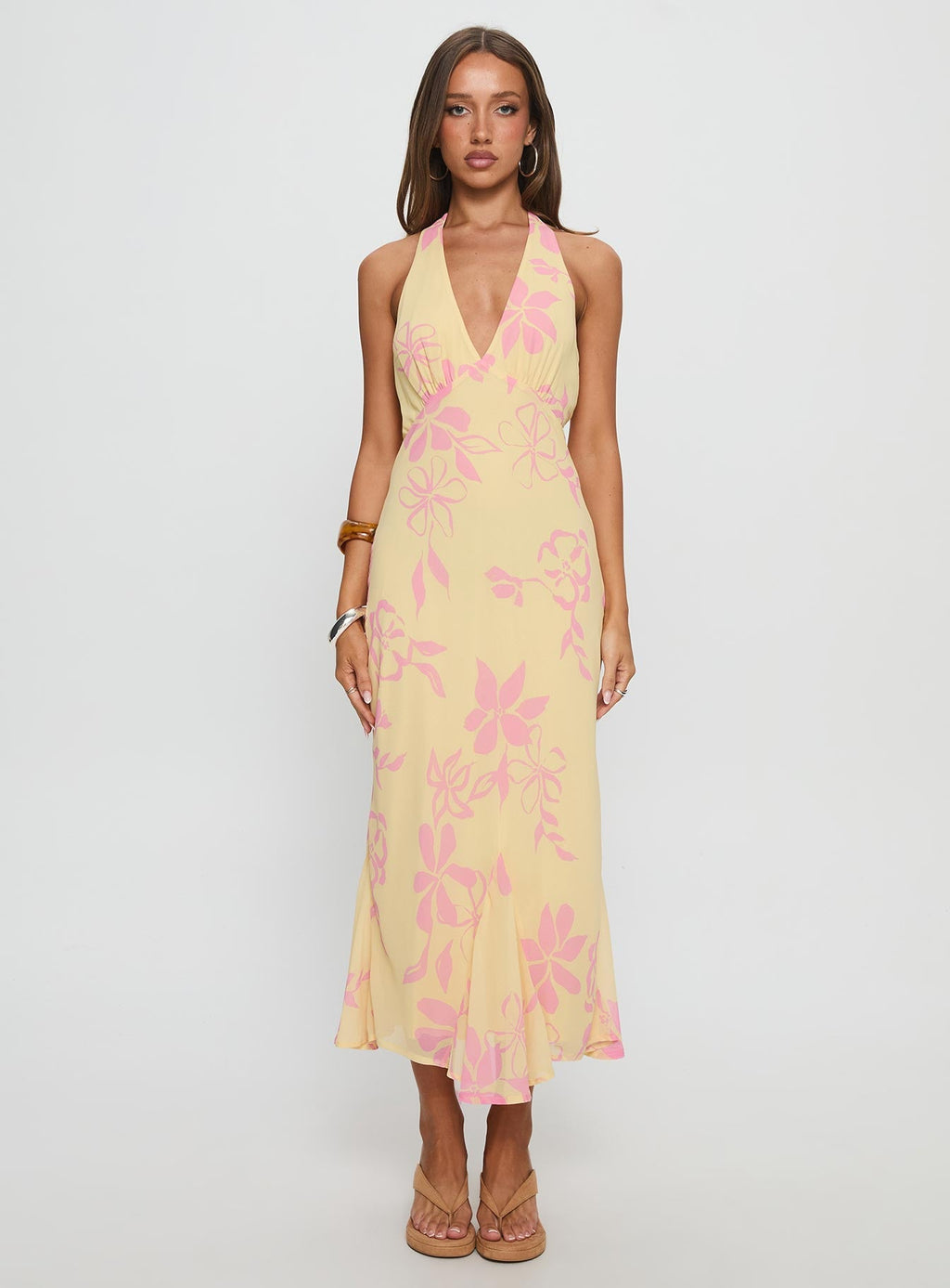 Alayla Halter Midi Dress Yellow Floral