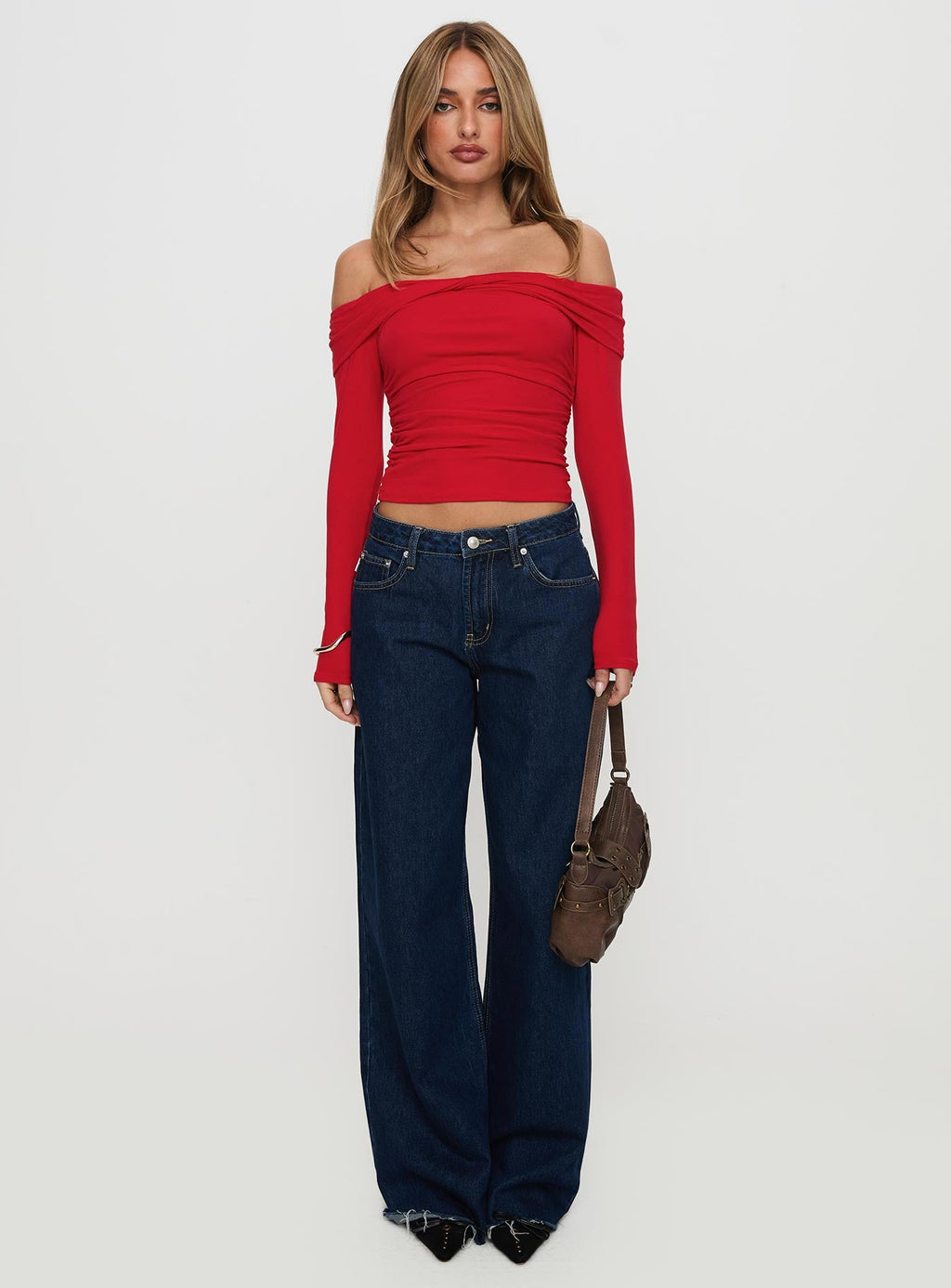 Sonnett Off Shoulder Twist Long Sleeve Top Red