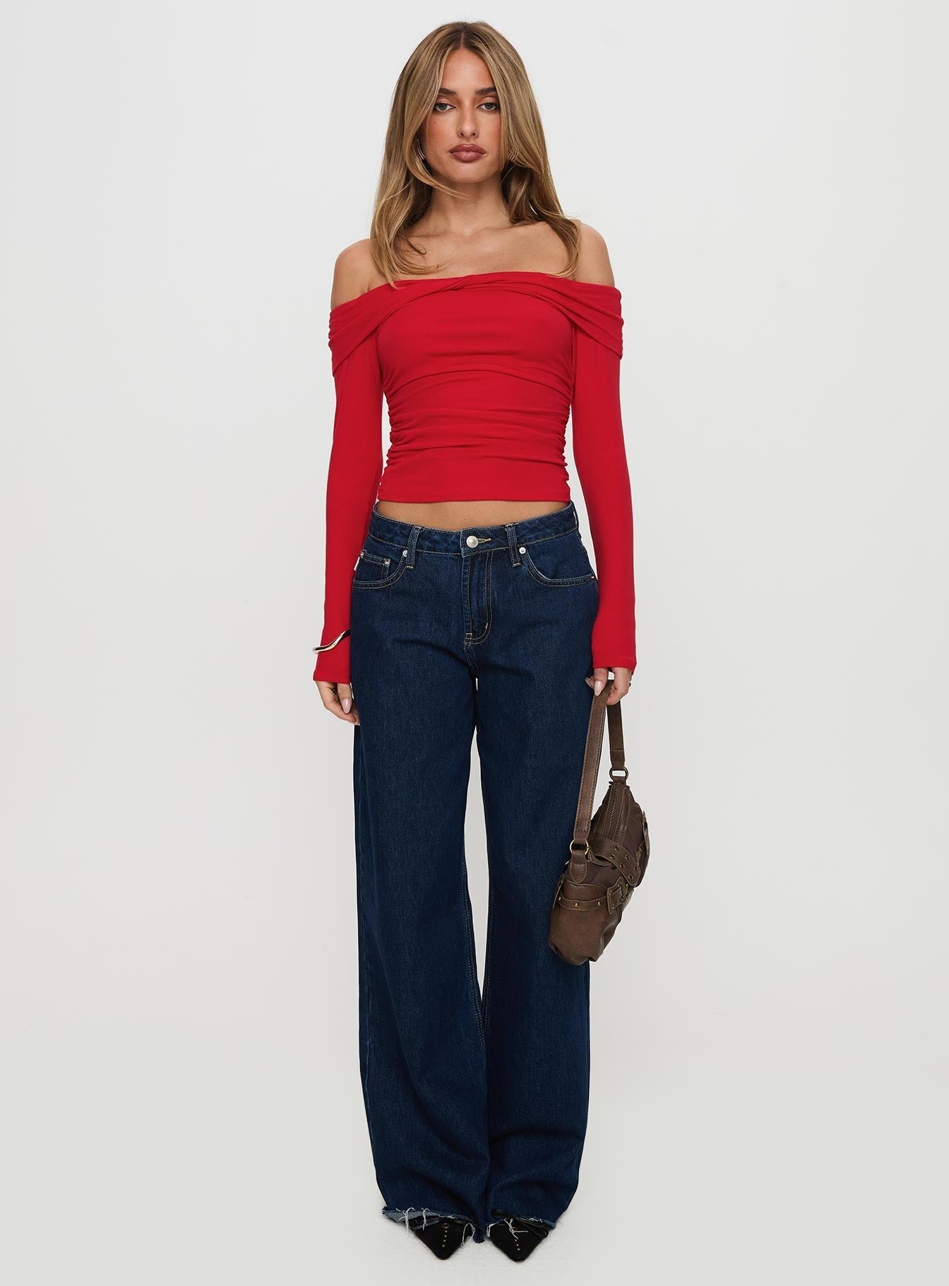 Sonnett Off Shoulder Twist Long Sleeve Top Red