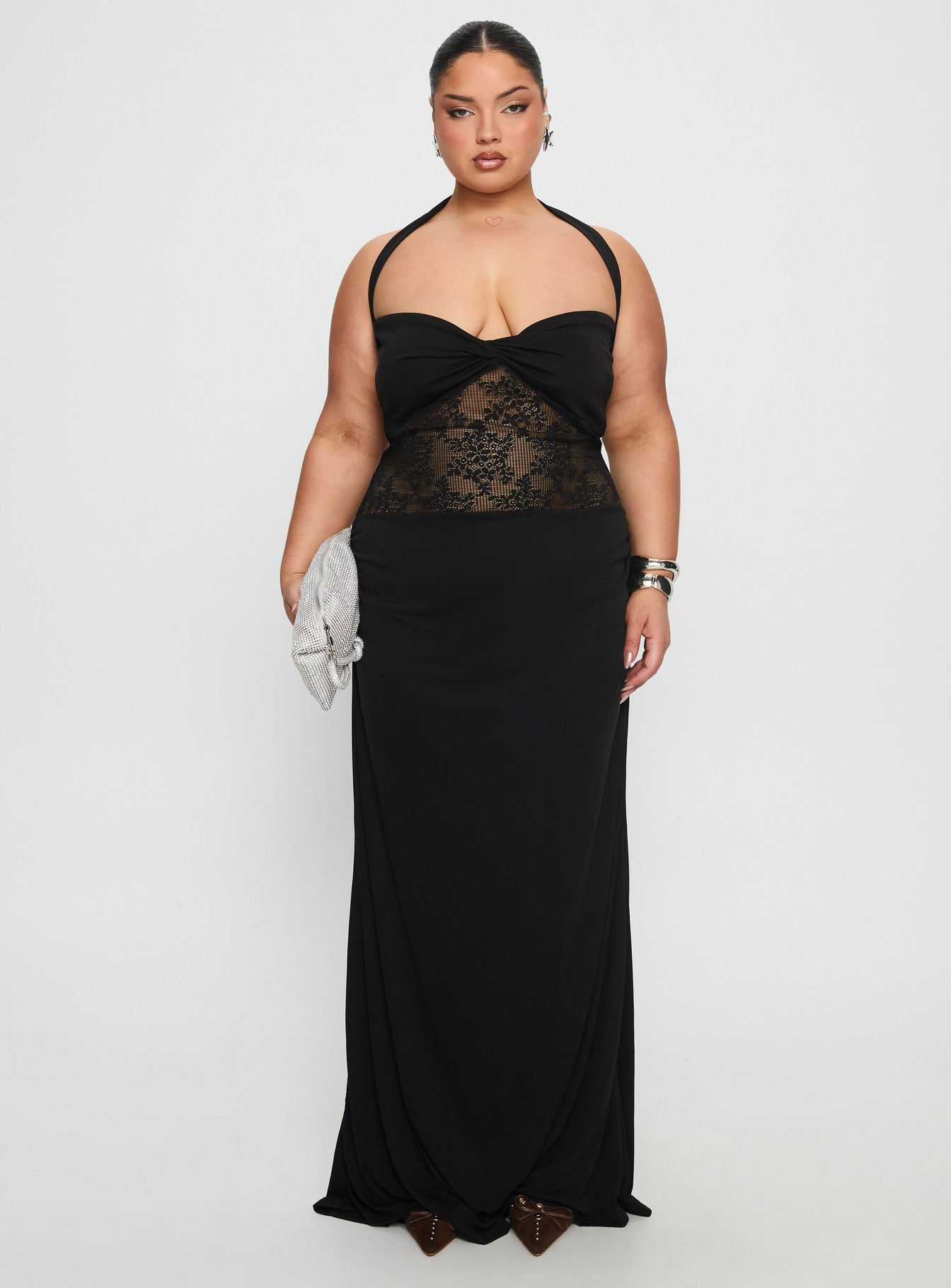 Adalyne Lace Halter Maxi Dress Black Curve
