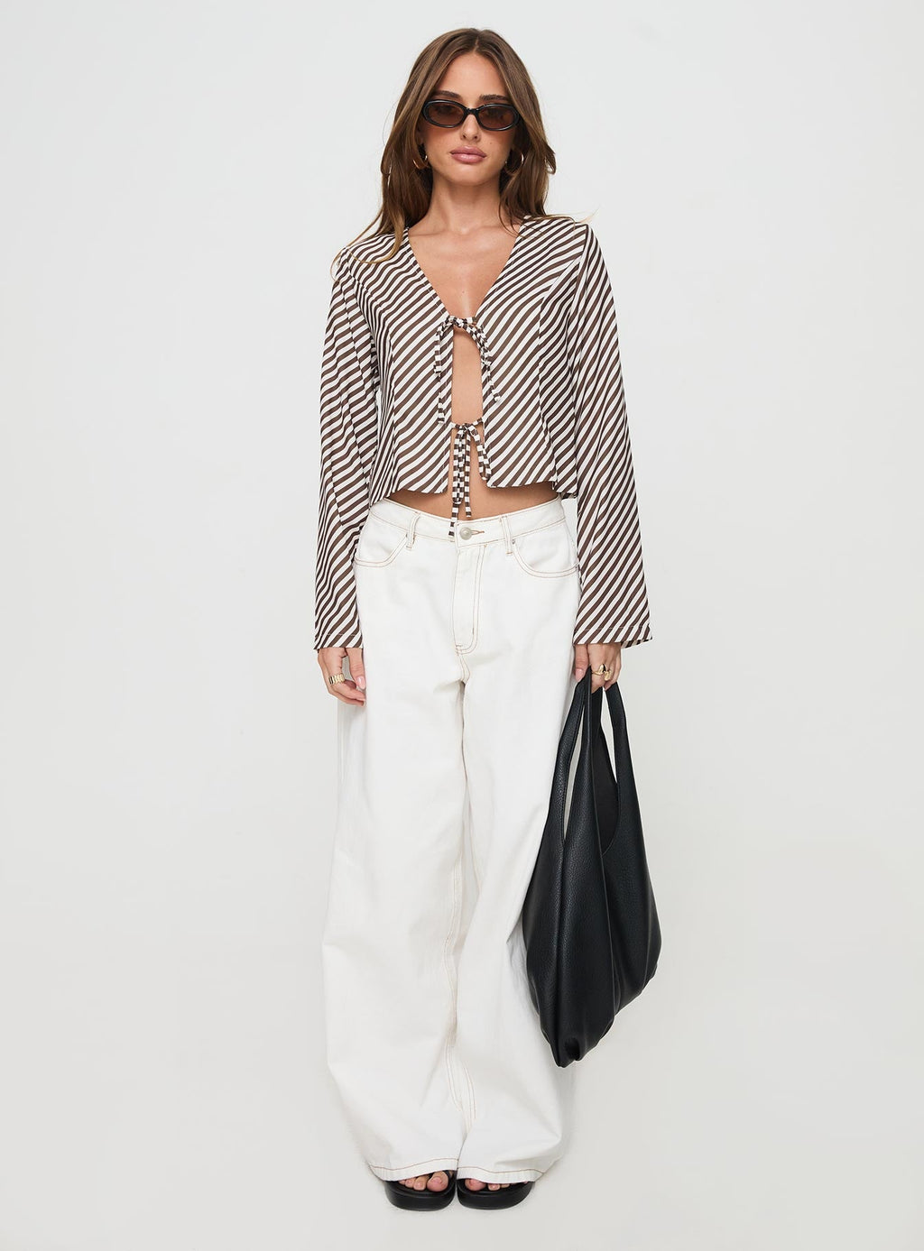 Maxette Long Sleeve Tie Top Brown Stripe