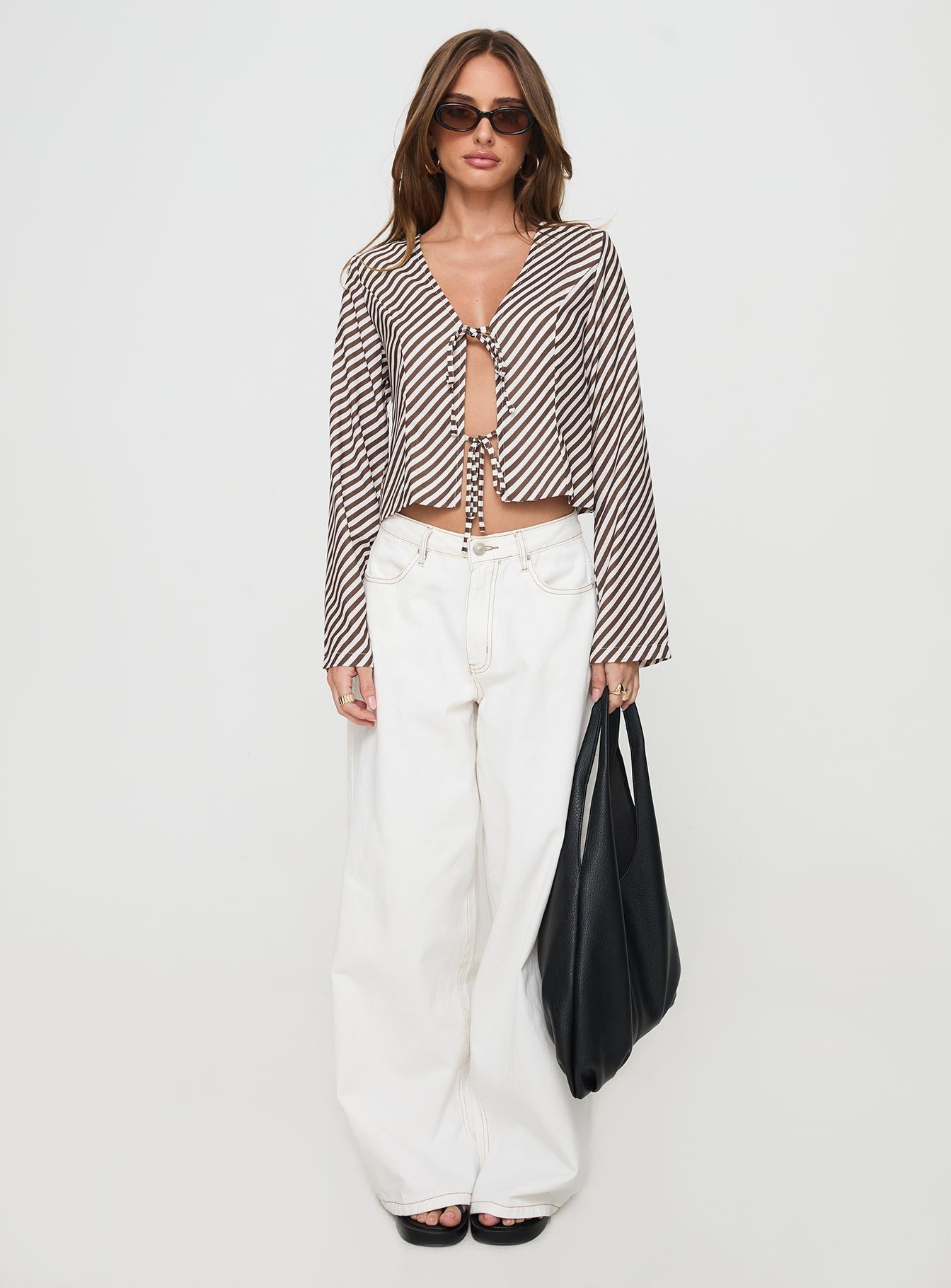 Maxette Long Sleeve Tie Top Brown Stripe