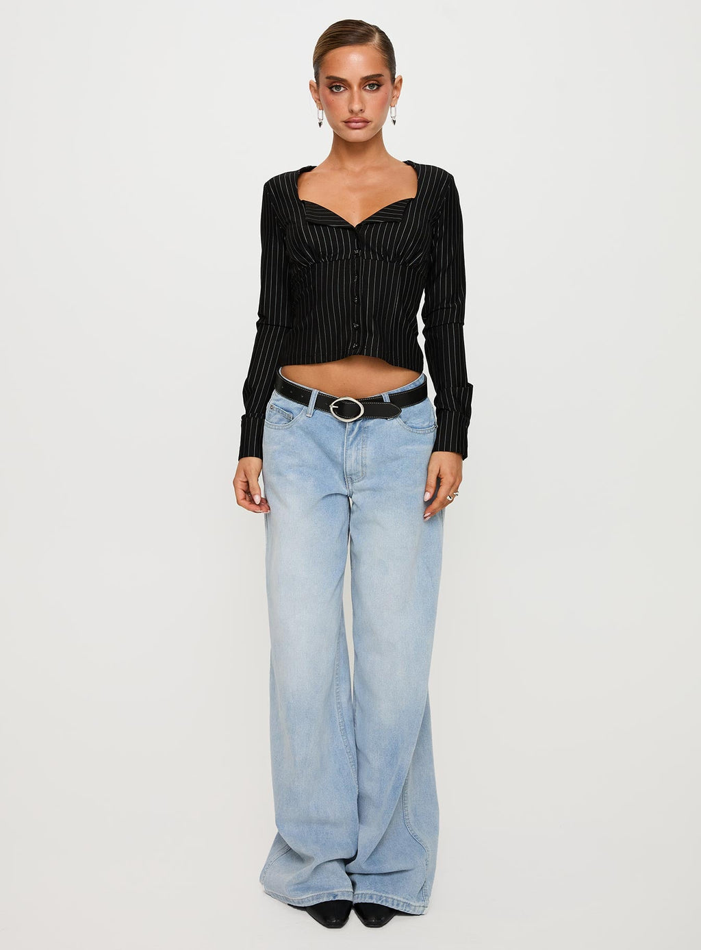 Set For Life Foldover Detail Long Sleeve Top Black / White Pinstripe