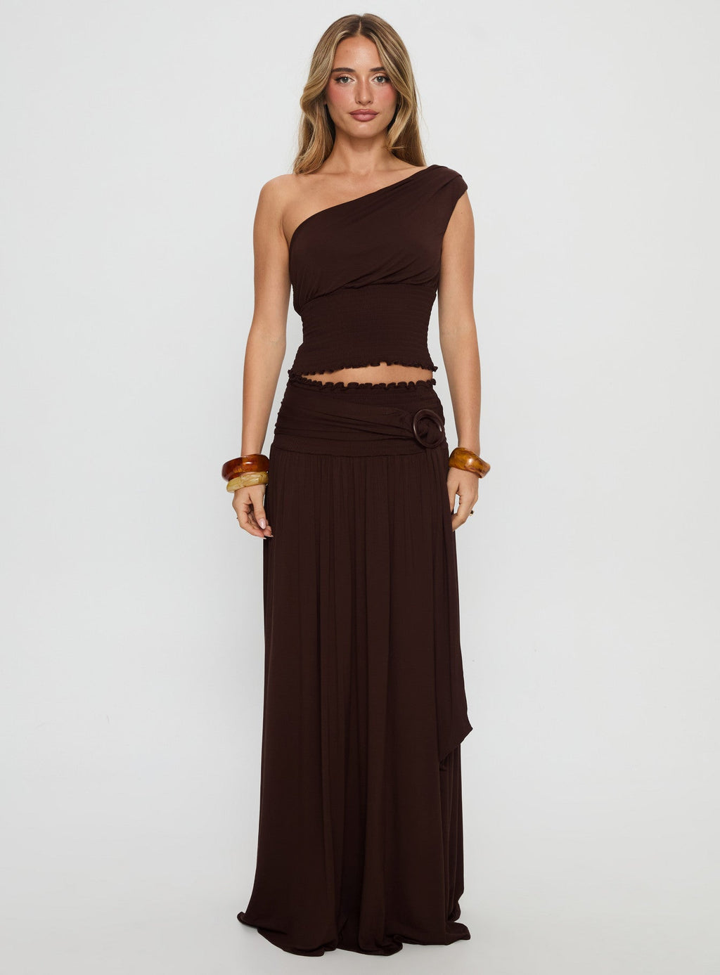 Full Orbit Shirred Maxi Skirt Chocolate Brown