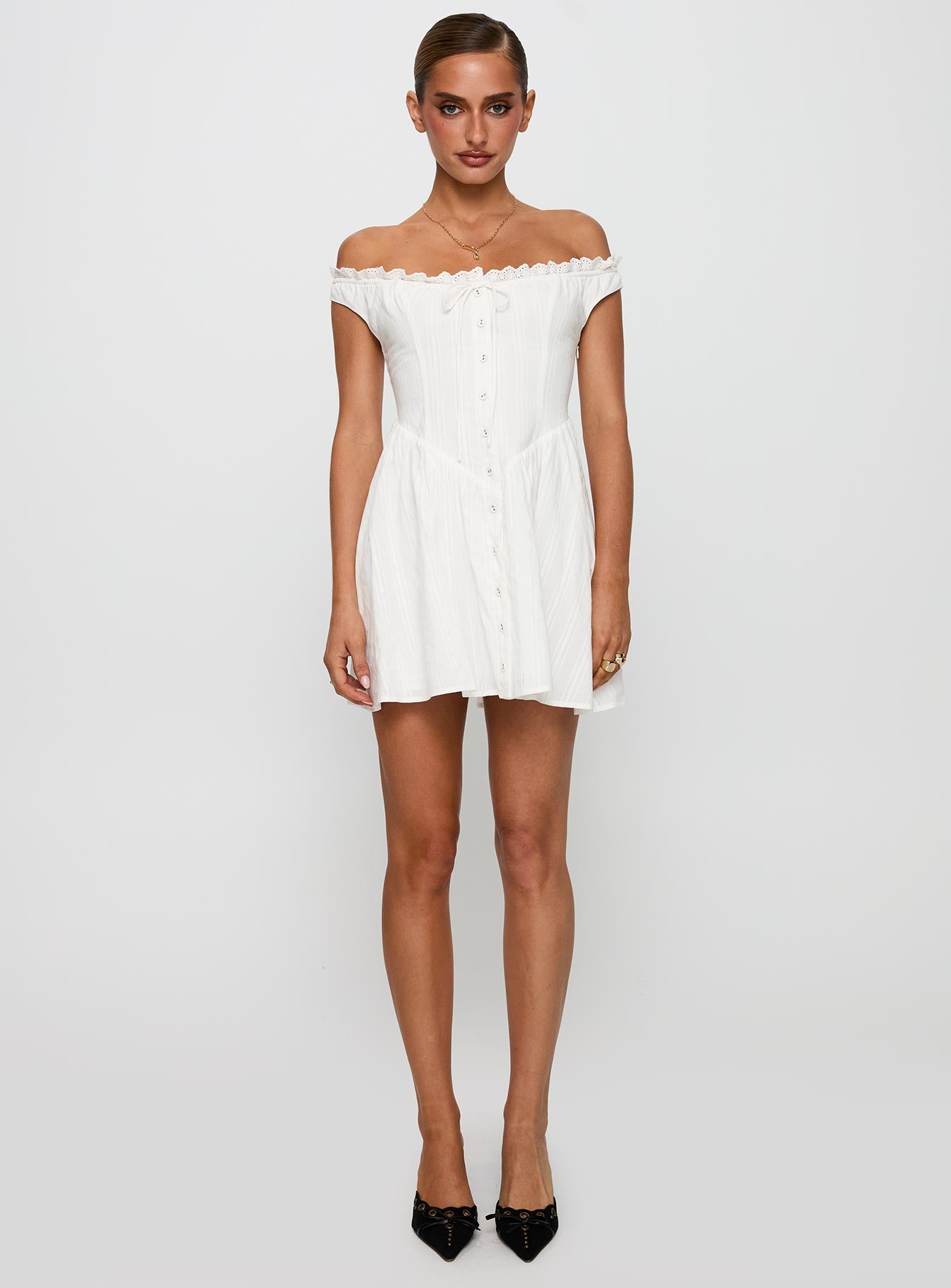 White Horse Off The Shoulder Mini Dress White