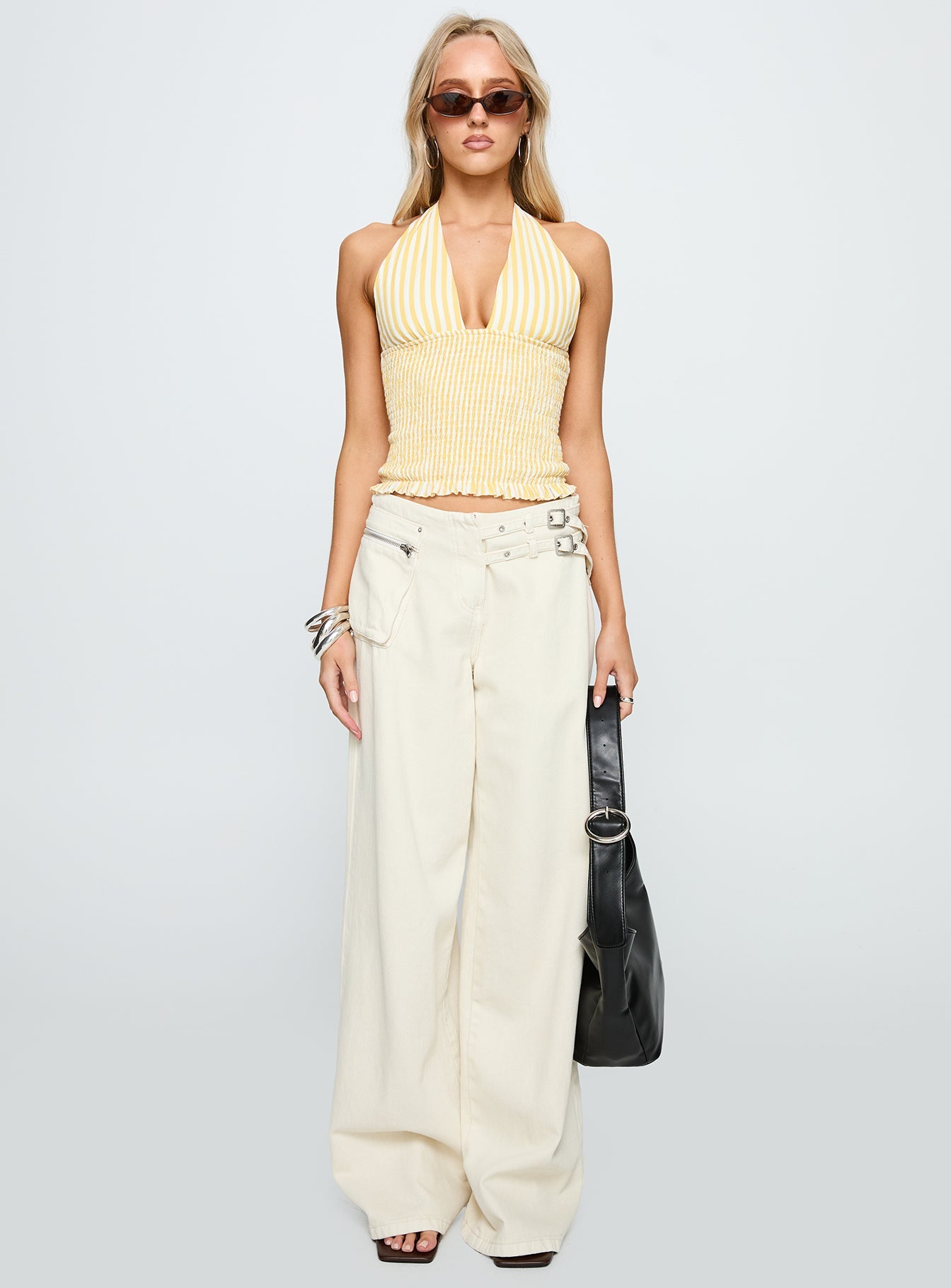 Averin Shirred Halter Top Lemon Stripe