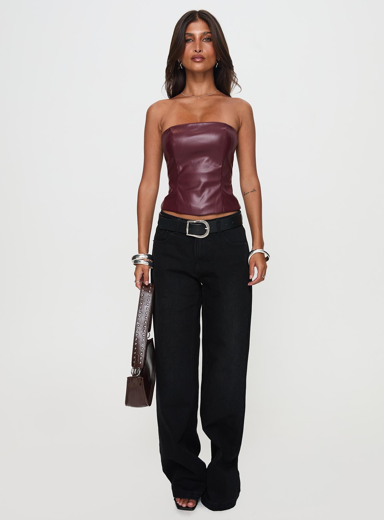 Oaklee Strapless Faux Leather Top Burgundy