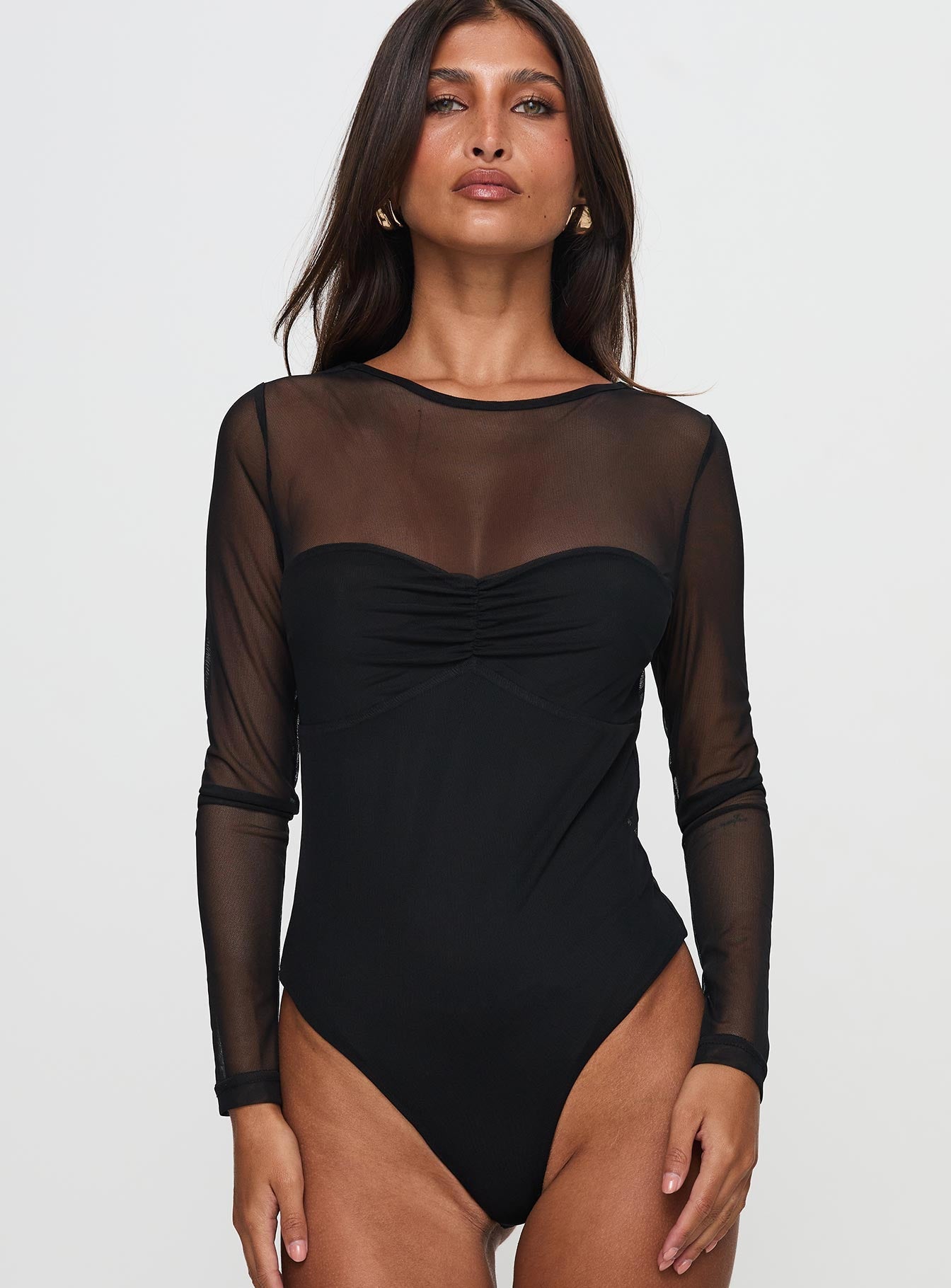 Delanee Mesh Detail Long Sleeve Bodysuit Black