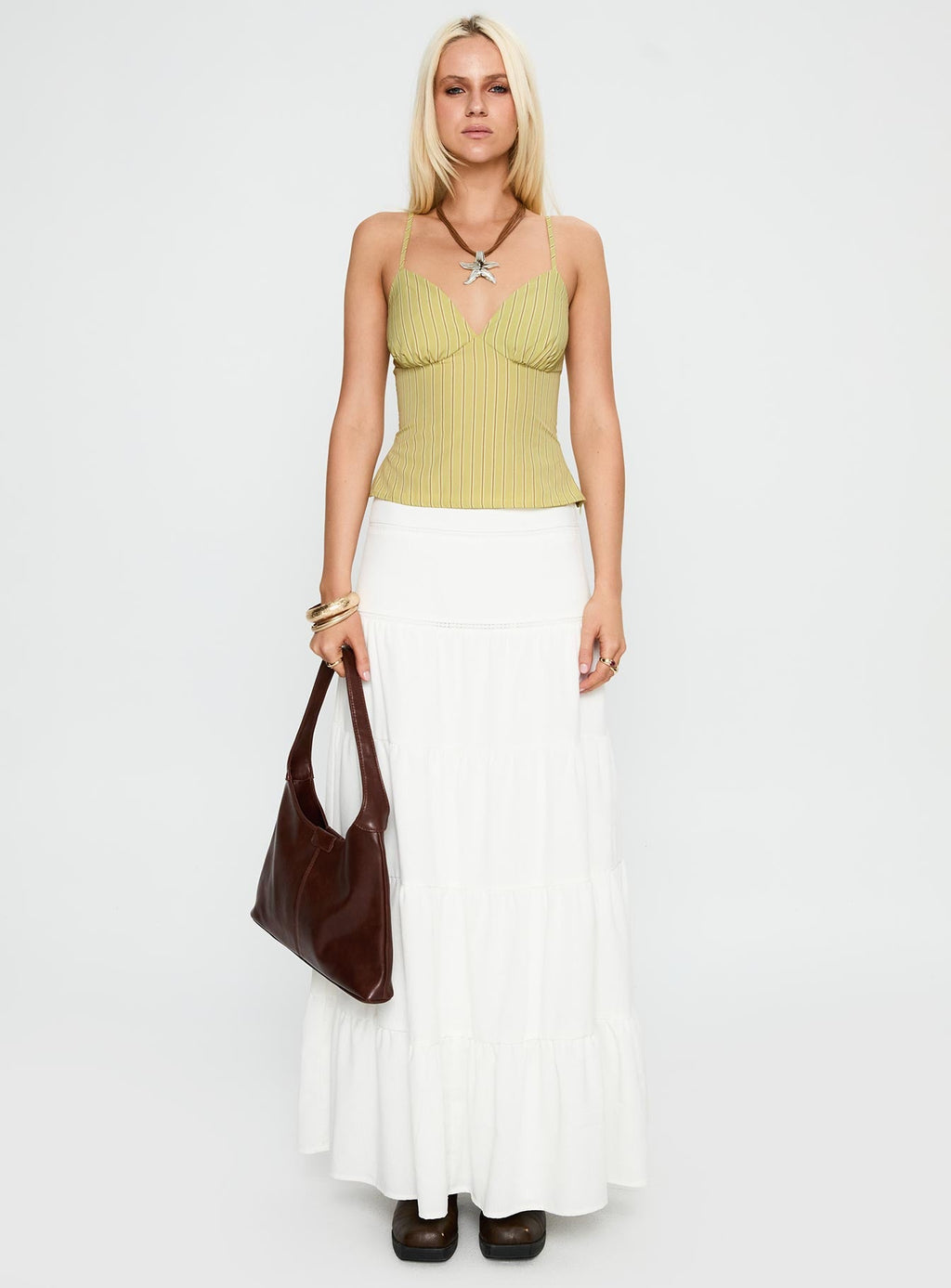 Snowy River Tiered Maxi Skirt White