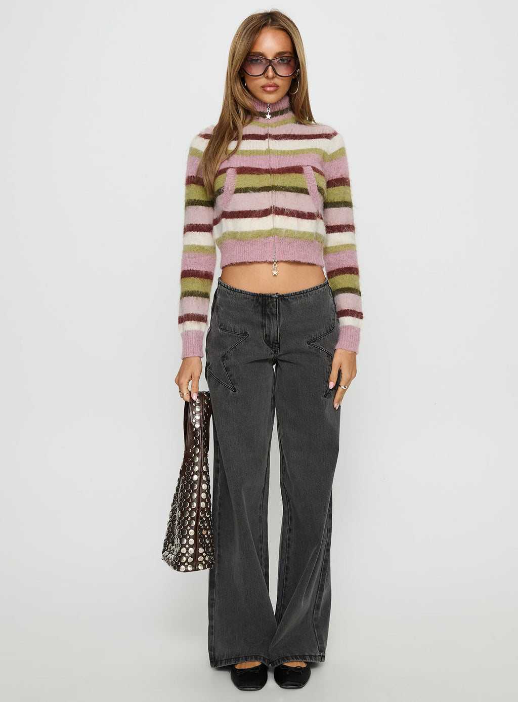 Keeva Zip Through Knit Jumper Pink / Green Stripe