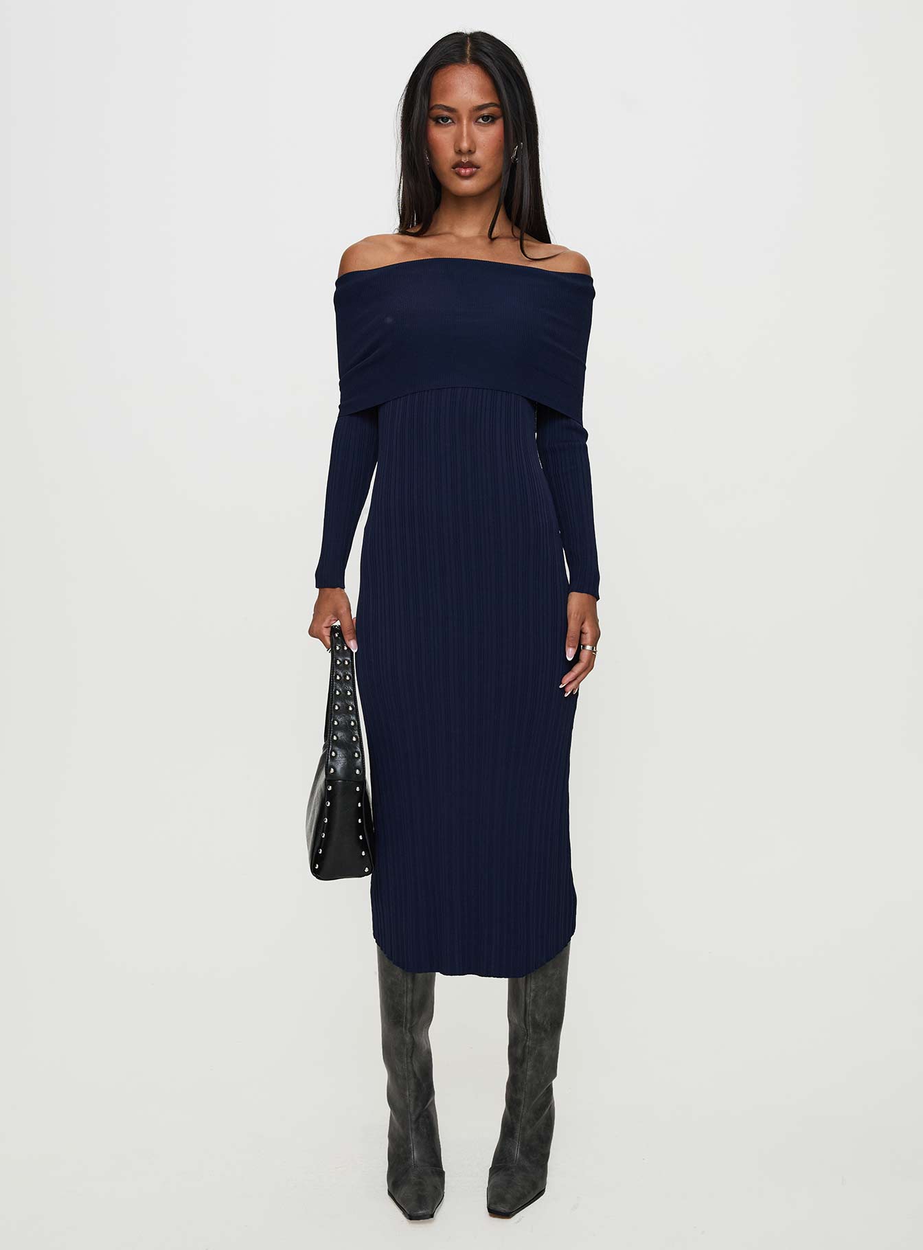 Flisse Long Sleeve Rib Maxi Dress Navy