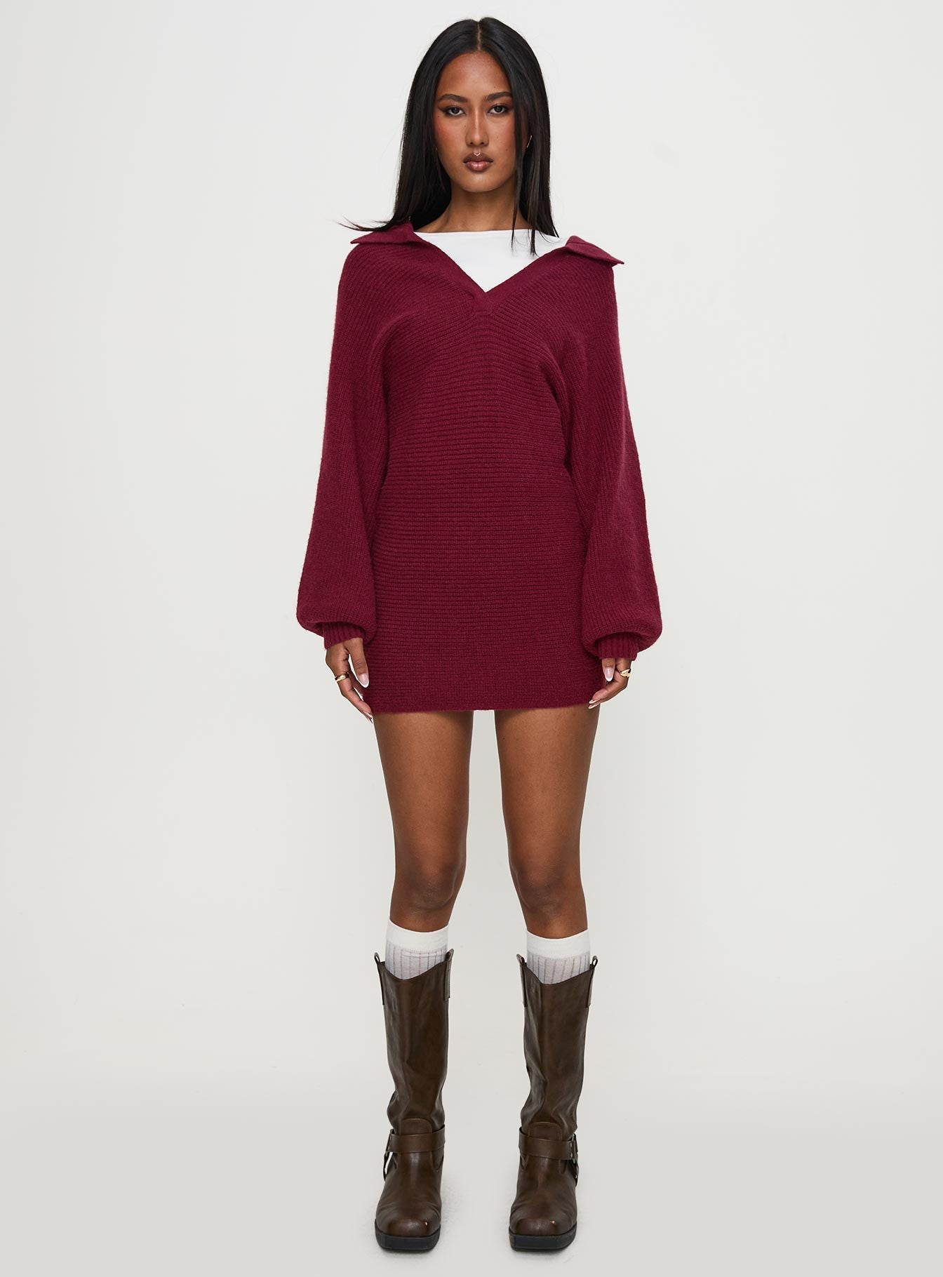 Thorelle Long Sleeve Knit Mini Dress Burgundy