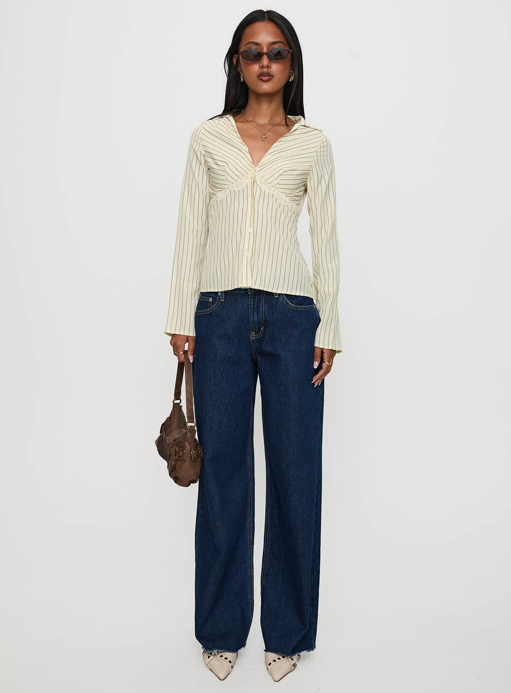 Life Begins Long Sleeve Lace Trim Top Cream Stripe