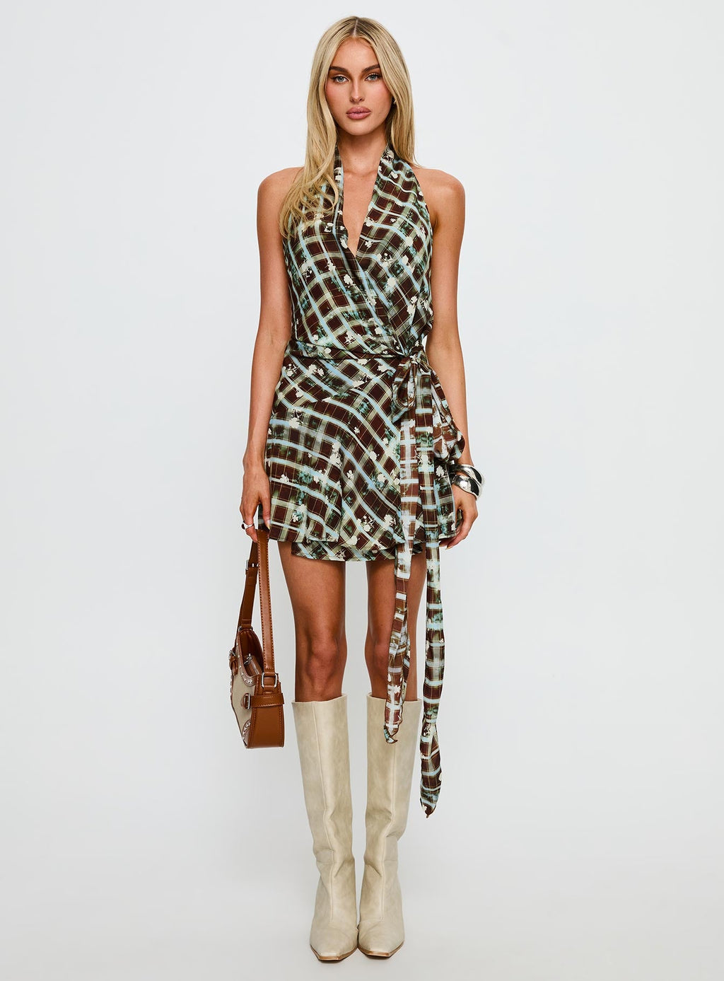 Brissa Halter Wrap Mini Dress Brown Multi