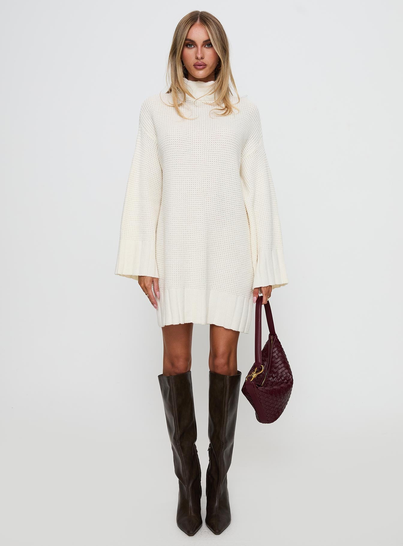 Tarin Long Sleeve Knit Mini Dress Cream