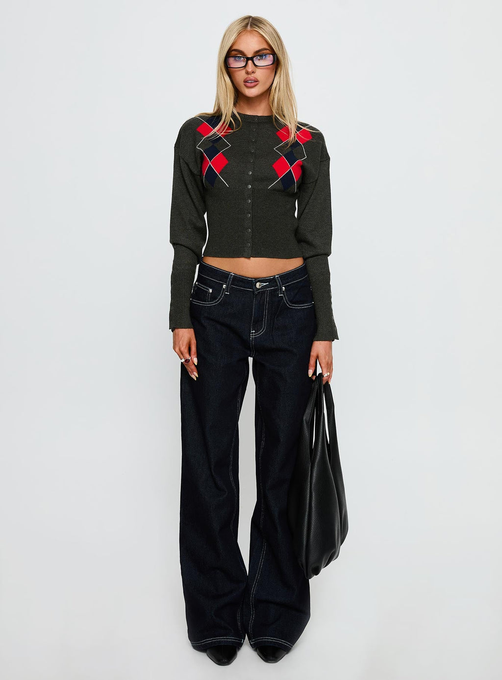 Head In The Clouds Knit Cardigan Grey Argyle