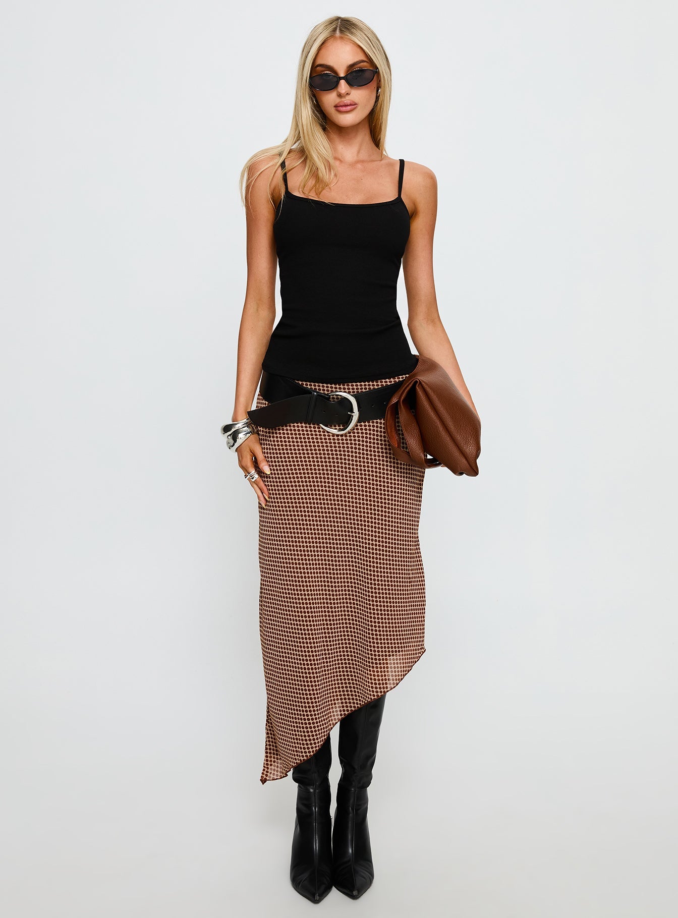 Suella Asymmetrical Midi Skirt Brown Polka Dot