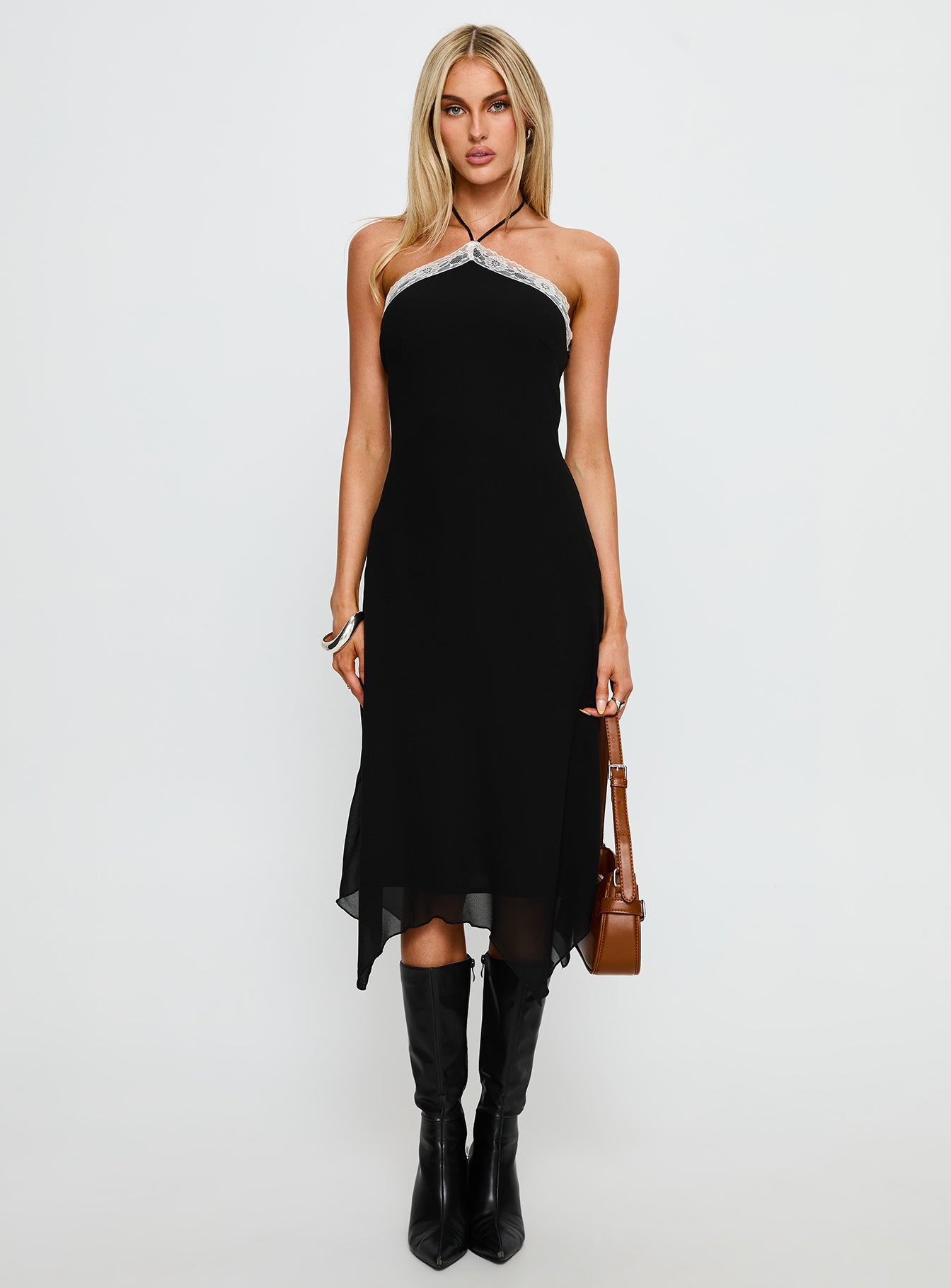 Naila Halter Lace Trim Midi Dress Black
