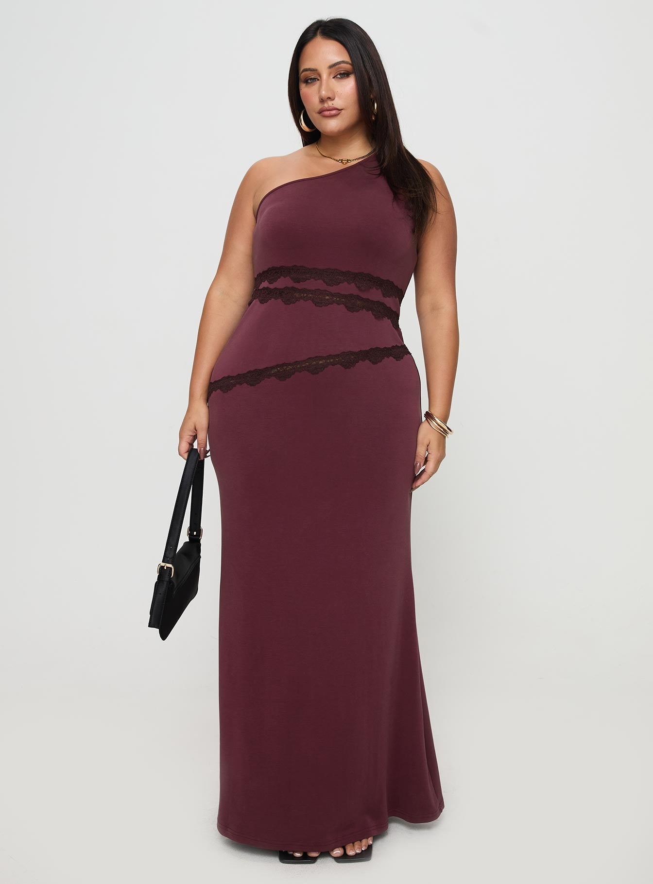Ultraviolet One Shoulder Lace Maxi Dress Wine Curve