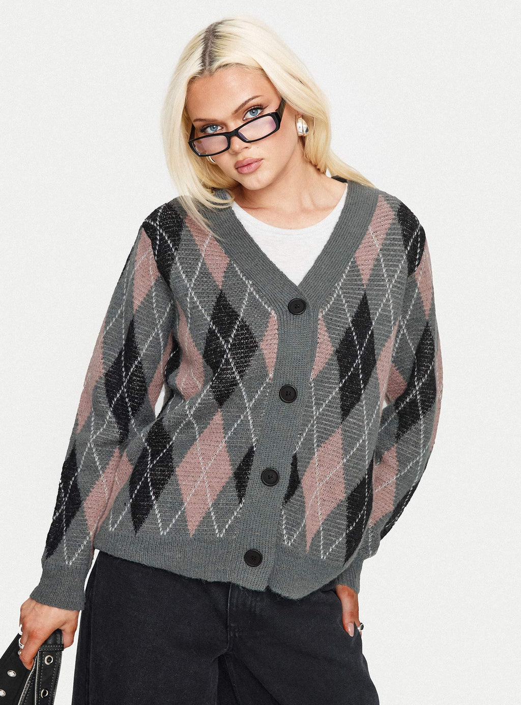 Zeeva Button Through Knit Cardigan Grey Argyle