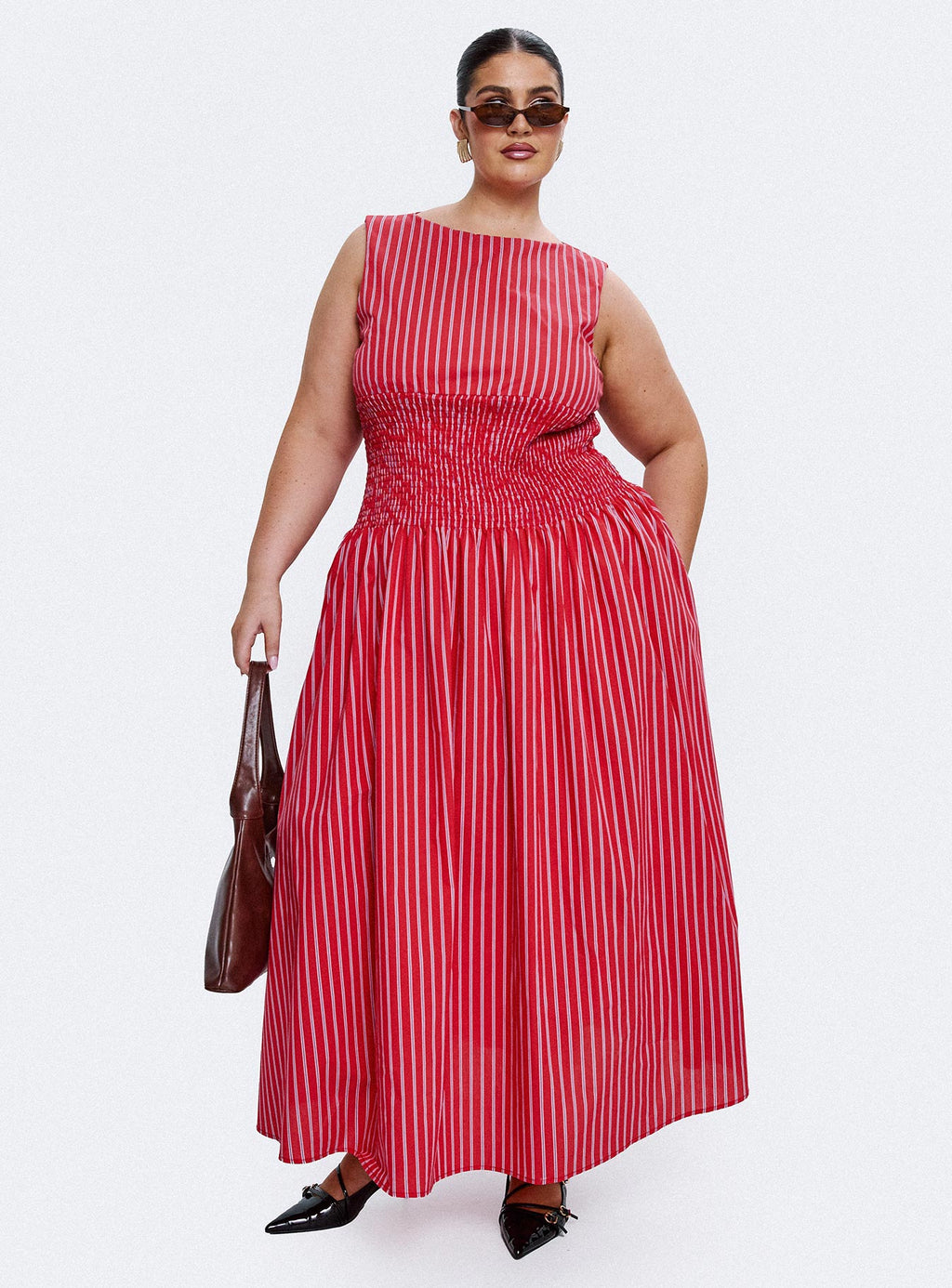 Lilienne Cotton Poplin Maxi Dress Red Stripe Curve