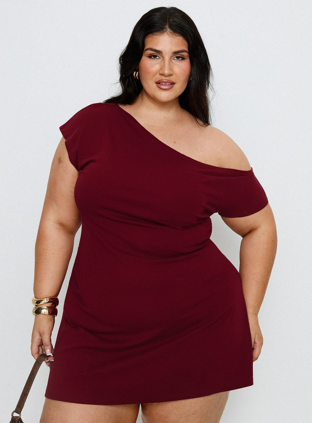 Prestige One Shoulder Mini Dress Burgundy Curve