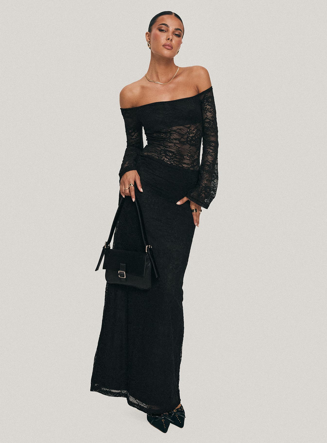 Pinot Grigio Long Sleeve Lace Maxi Dress Black