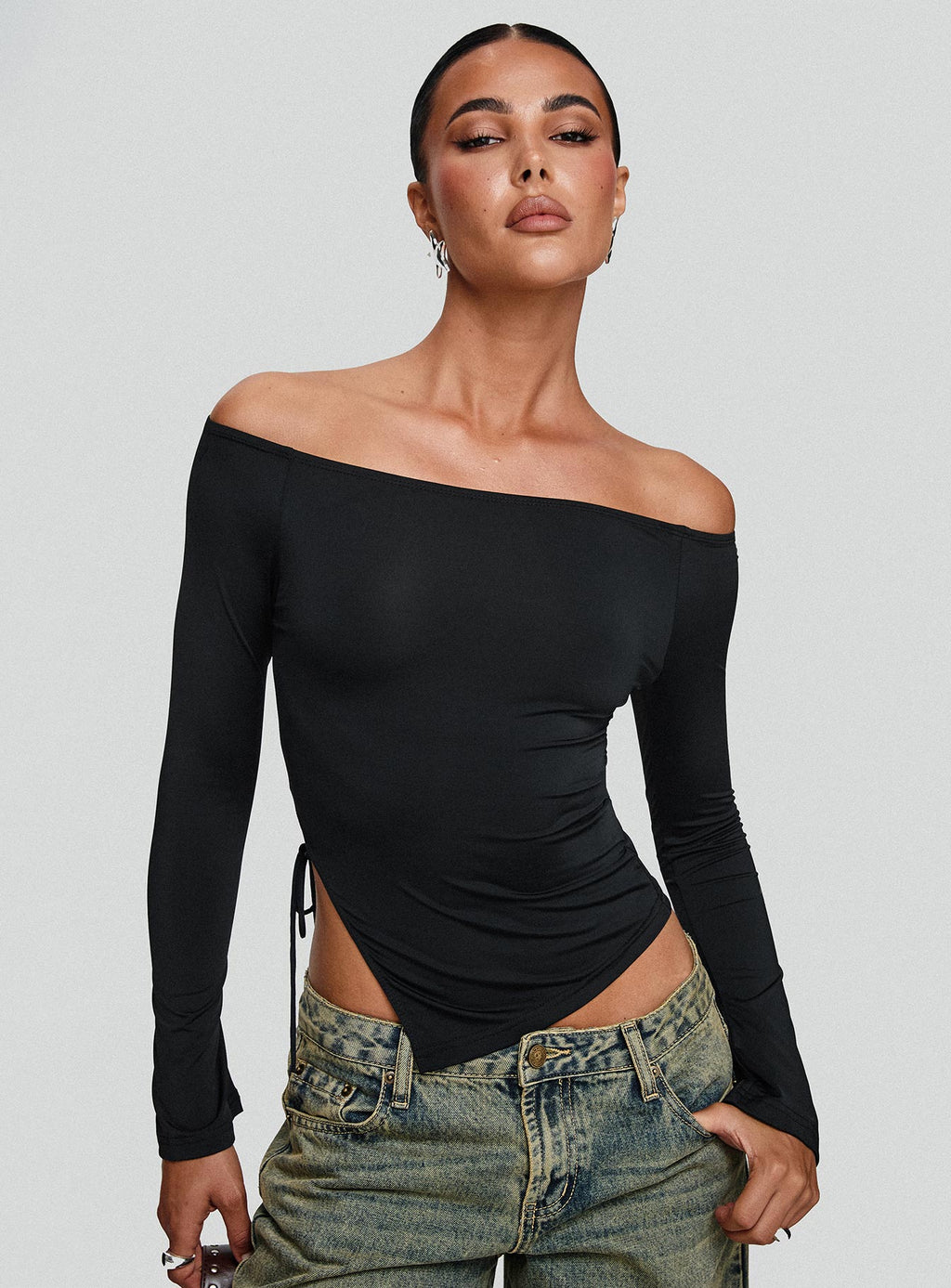 Endellion Off Shoulder Long Sleeve Top Black