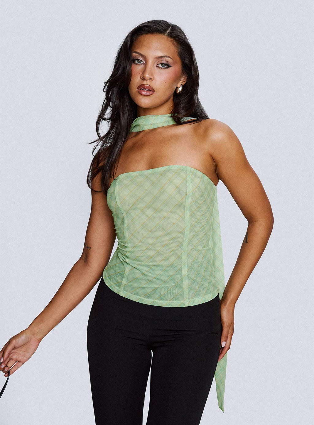 No Comparison Neck Tie Strapless Top Green Check