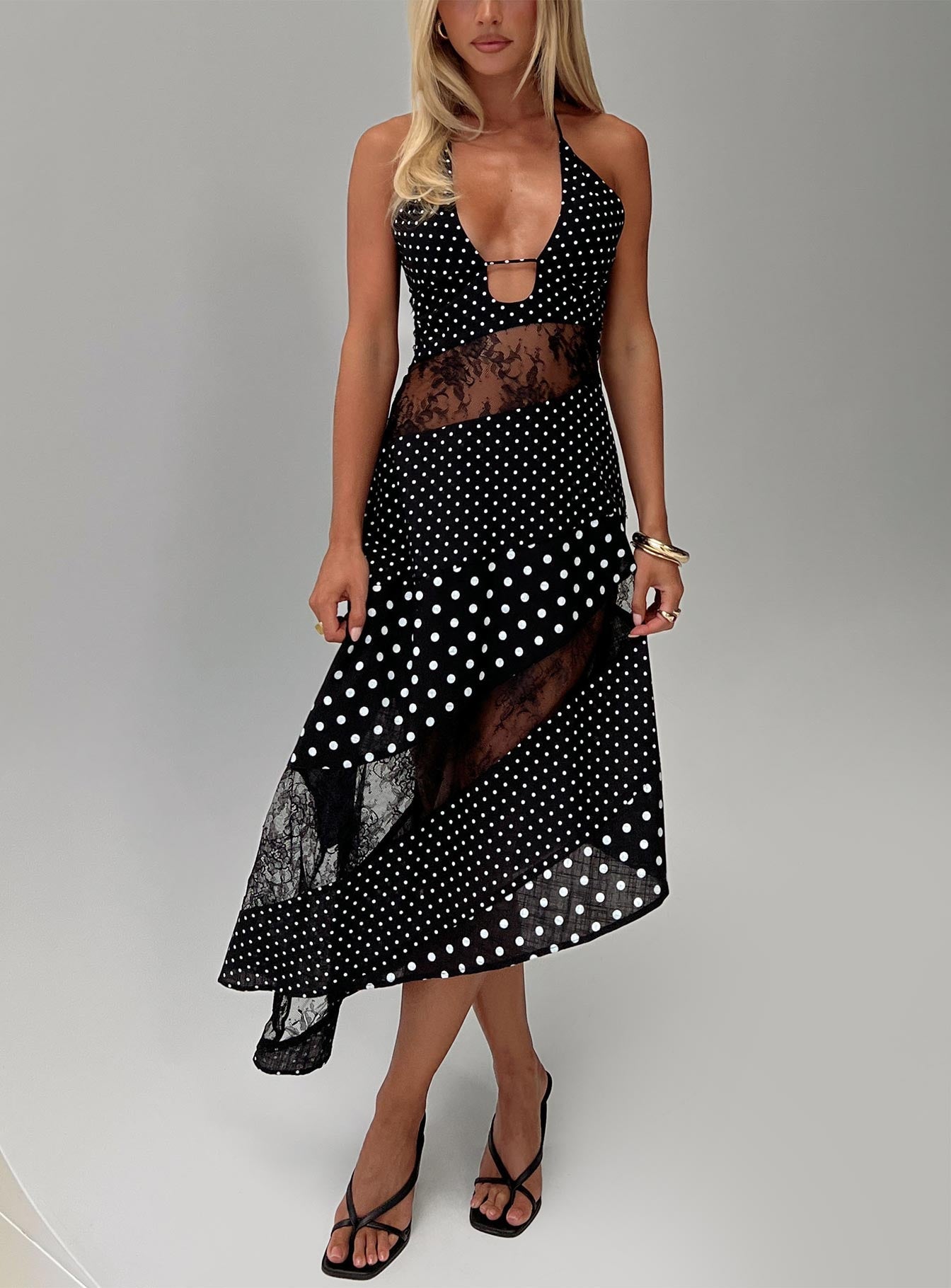 Down With Love Asymmetrical Midi Dress Black / White Polka
