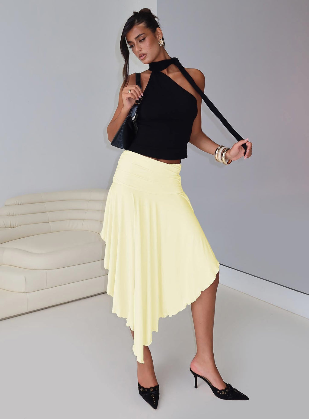 Symphonia Asymmetrical Midi Skirt Butter Yellow