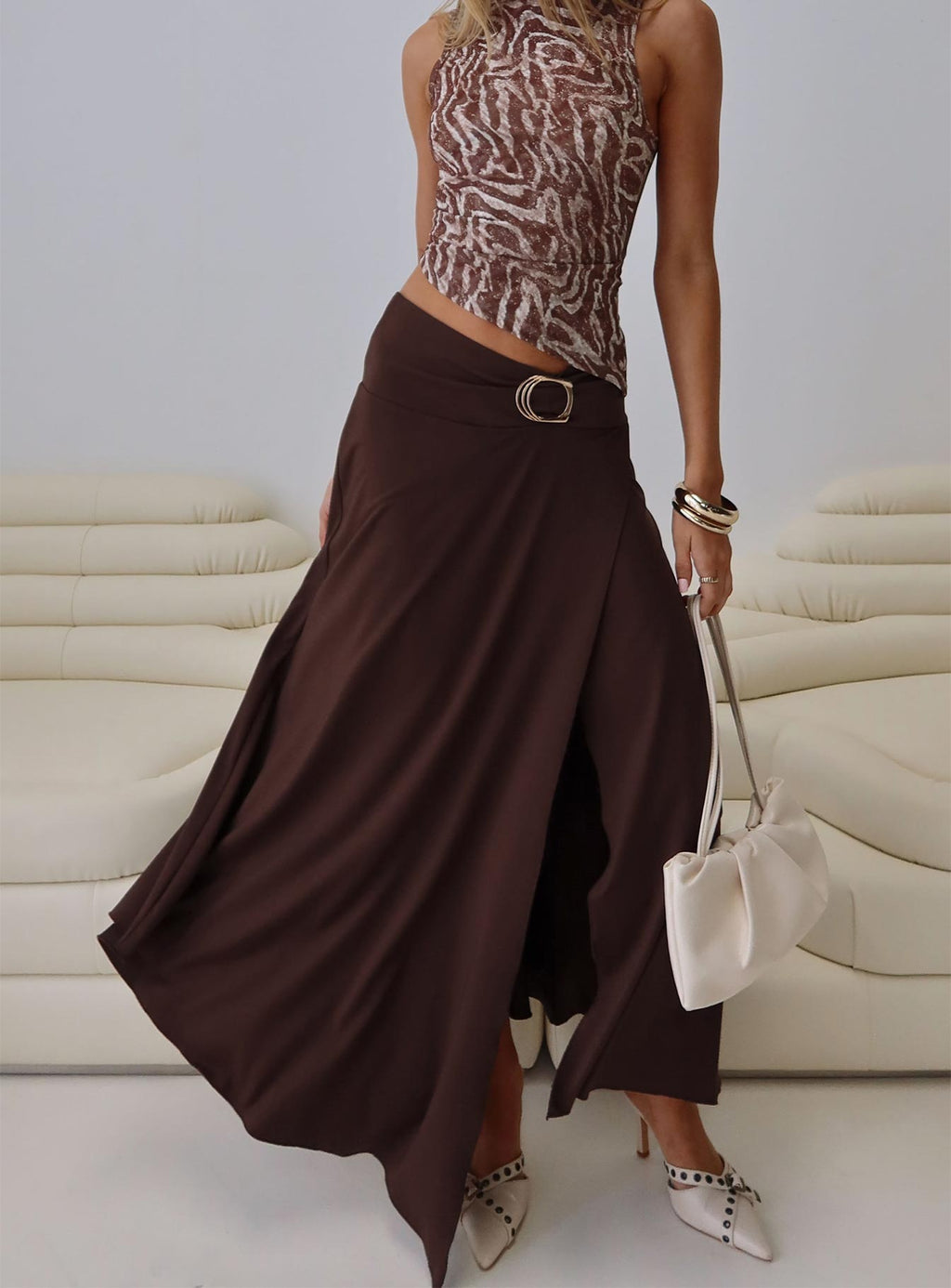 Nola Hardware Slit Maxi Skirt Brown