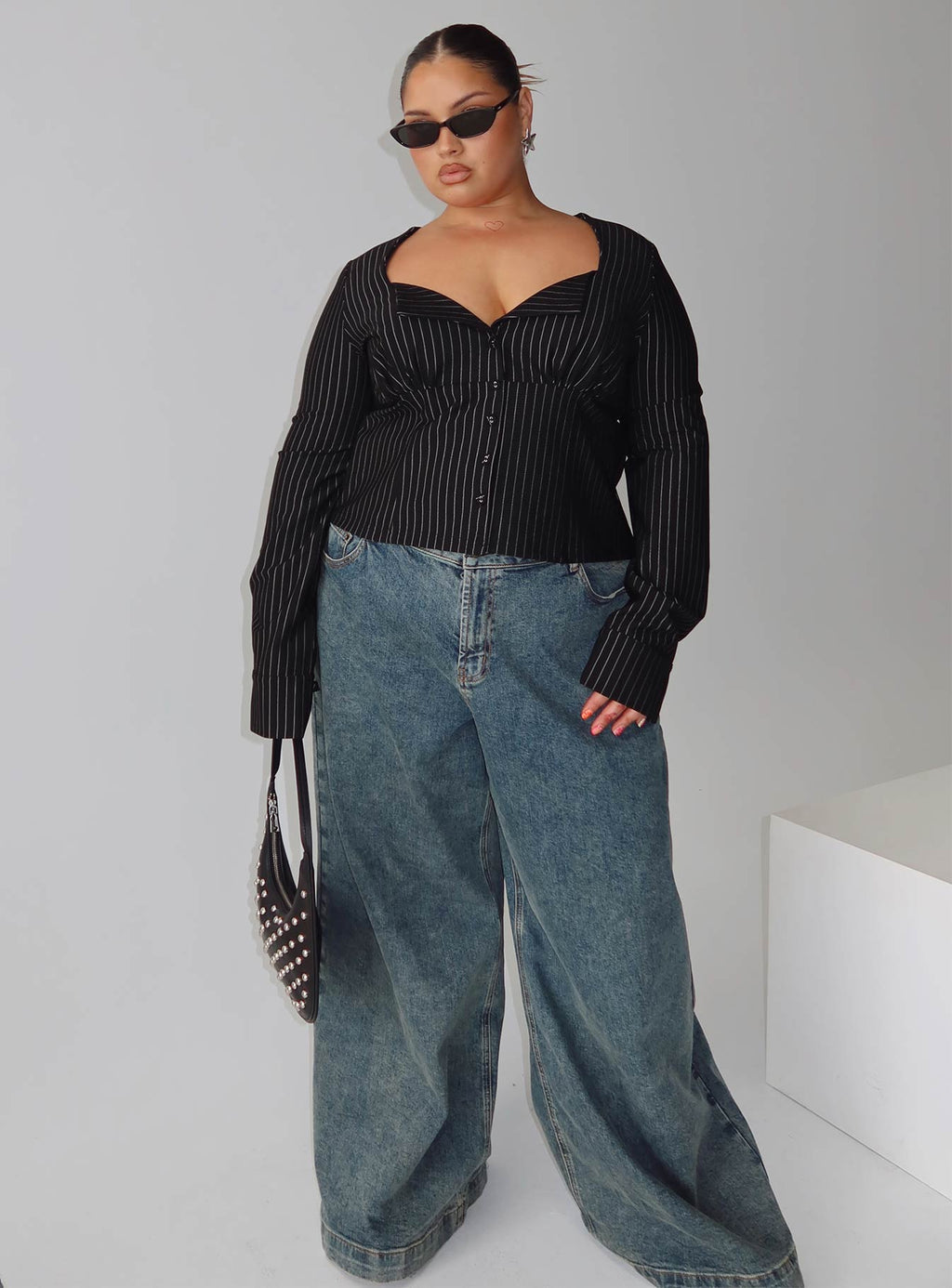 Set For Life Foldover Detail Long Sleeve Top Black / White Pinstripe Curve