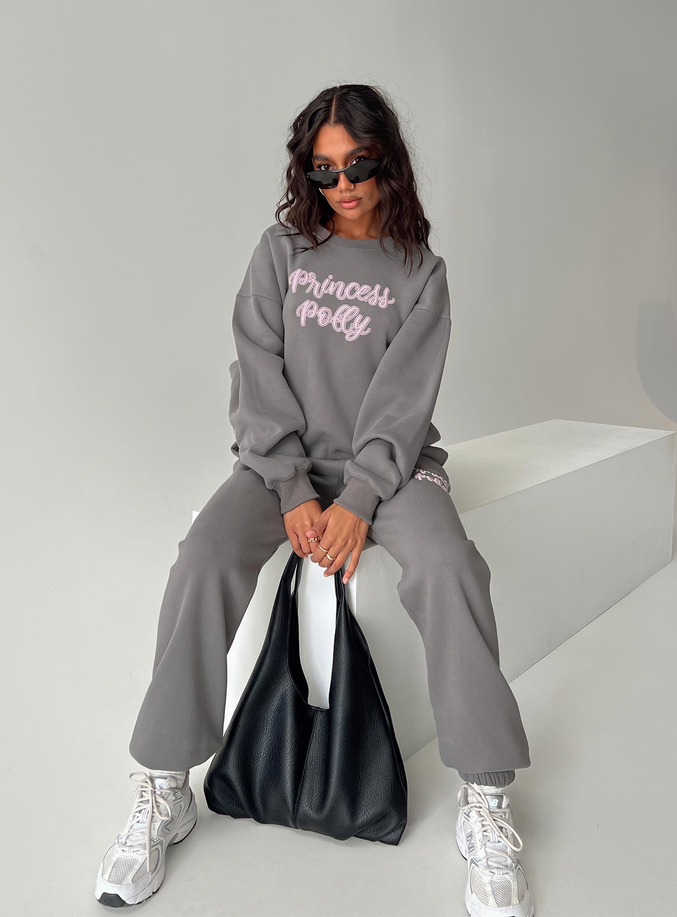 Princess Polly Track Pants Puff Text Charcoal