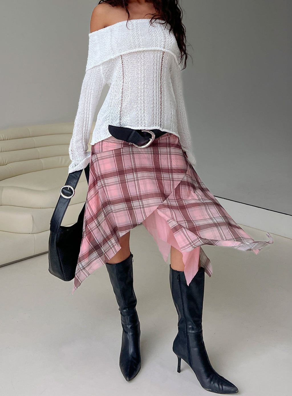 Anali Asymmetrical Midi Skirt Pink / Multi Check