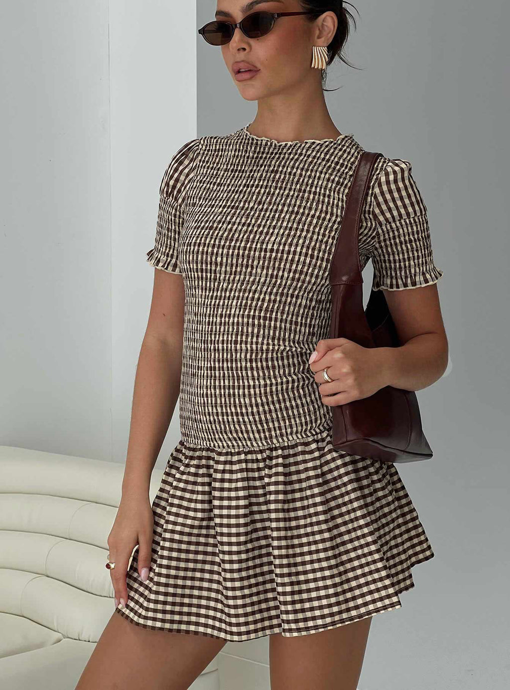 Laurita Shirred Mini Dress Brown Check