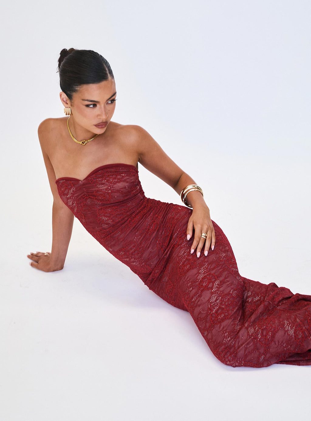 Hailees Lace Strapless Maxi Dress Red