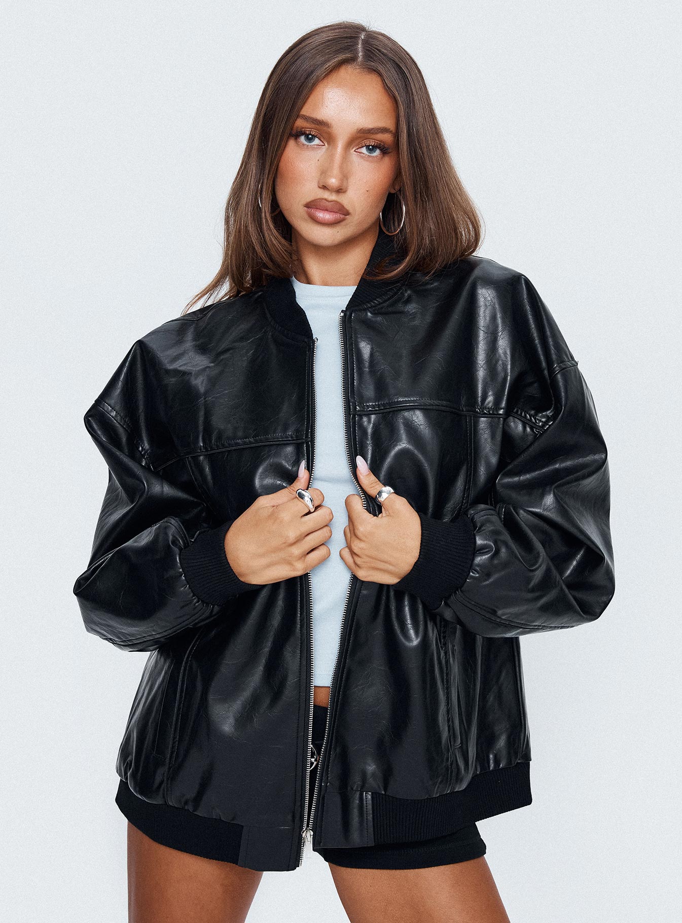 Believe It Faux Leather Bomber Jacket Black