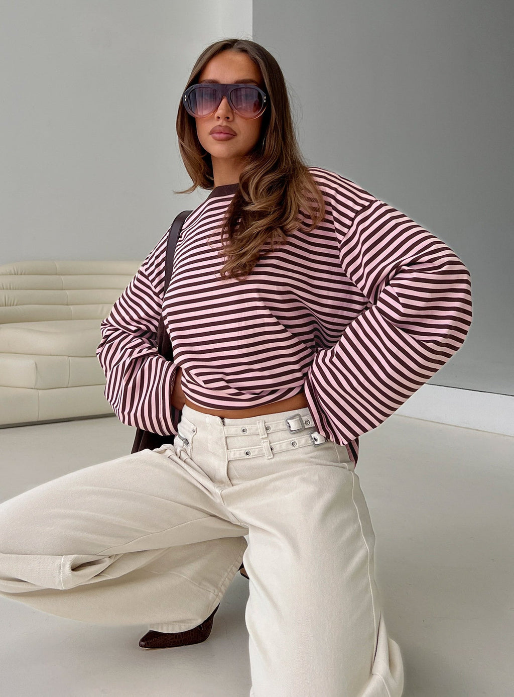 Settle Down Long Sleeve Top Pink / Brown Stripe